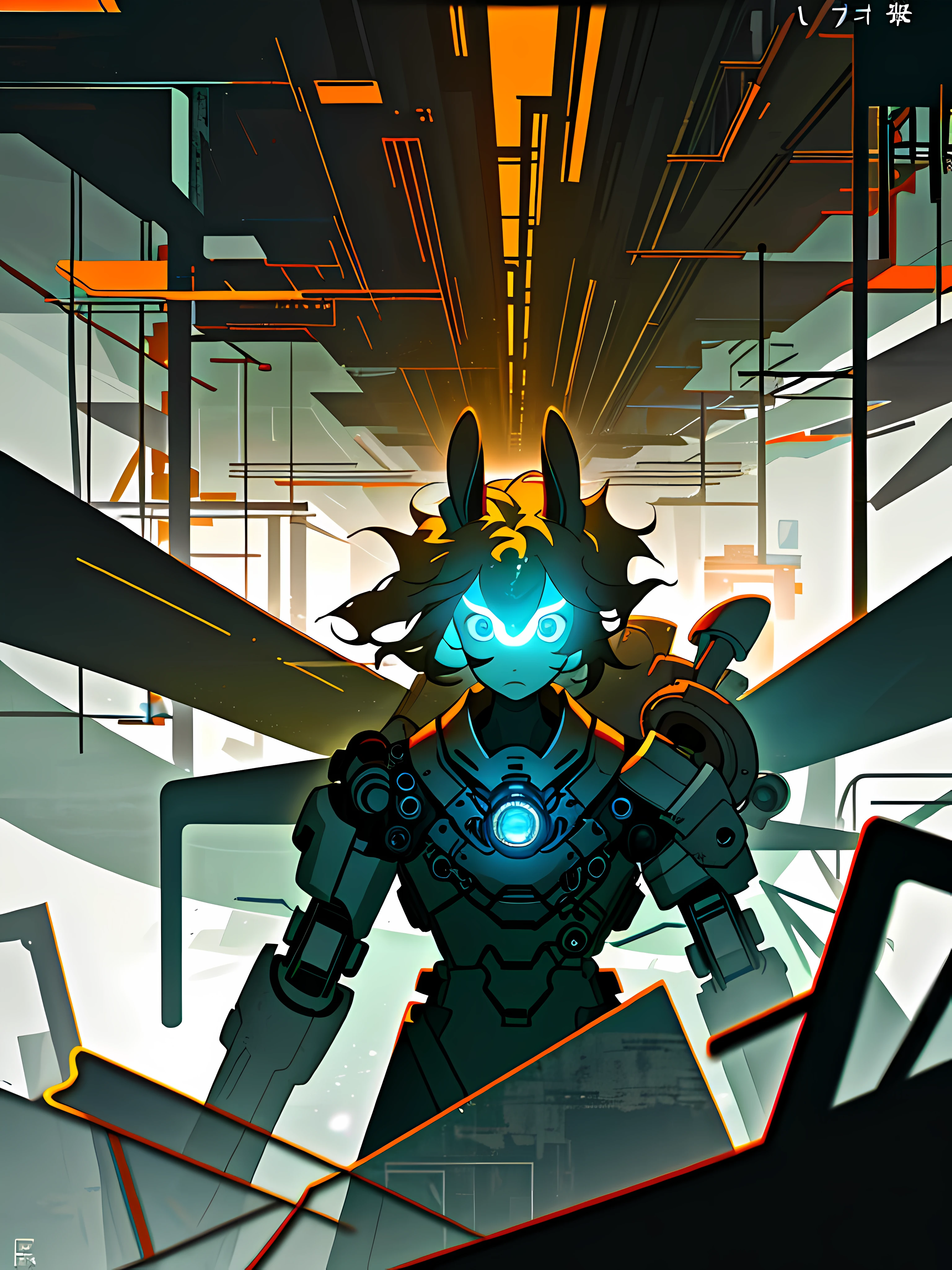 (blame! style abandoned tech landscape), (Zen, Amy Sol style), (underground, dark, foggy, perilous, abandoned dystopian apartment bedroom, deep windows), (abstract anthro rabbit figure wearing bunny ears), cover art with light abstraction, abstract, simple vector art, contemporary Cybernetic art, color gradients, soft color palettes, layered forms, whimsical animation, style Ethereal abstract, 4K, --v6