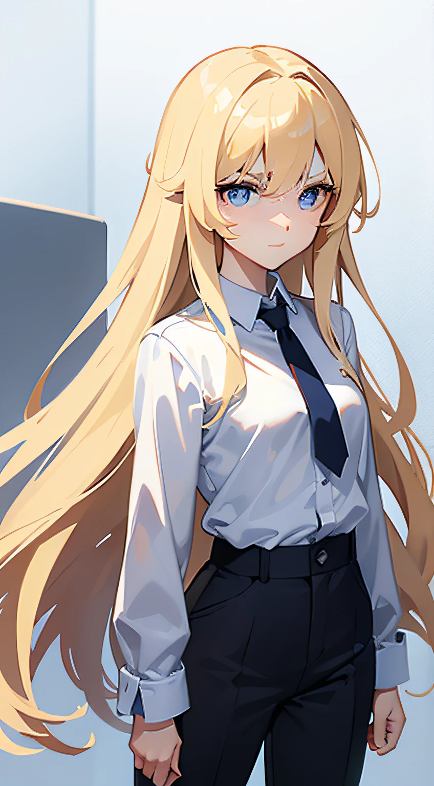 Pure white background,solid color backdrop,quadratic element,2D,Fine lighting shadows,Long blond waist-length hair,Fine strands of hair,Light blue pupils,Delicate expression and demeanor,Serious and indifferent eyes,ssmile,Face the camera,Wear a shirt and long pants,The chest is small,a matural female,Temperament neutral