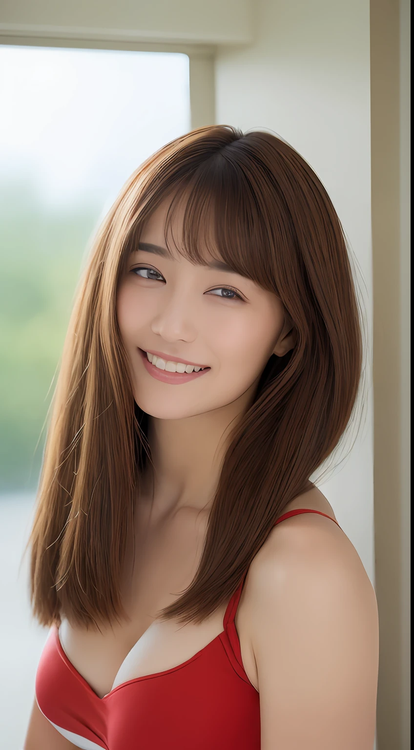 ((top-quality、8K、​masterpiece:1.3))、20 years girl、Slim Abs Beauty:1.3、(Hairstyles Brown Hair Shortcuts、Colossal tits:1.2)、doress:1.1、Super fine face、Delicat eyes、二重まぶた、A smile with shame、Home、Raw photo、Provocative very sexy poses