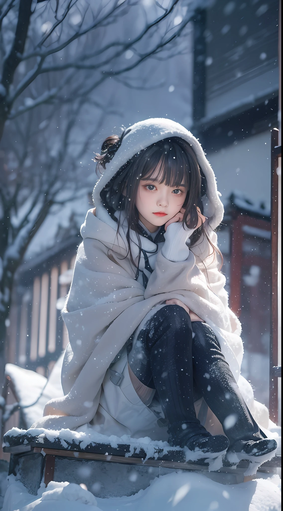 ((Works of masters)),(超高分辨率),1 girl,Glowing eyes,Tears of sadness, Sitting, ta costume,Cloak (Snow, Snow,Outdoor activities in winter:1.2),