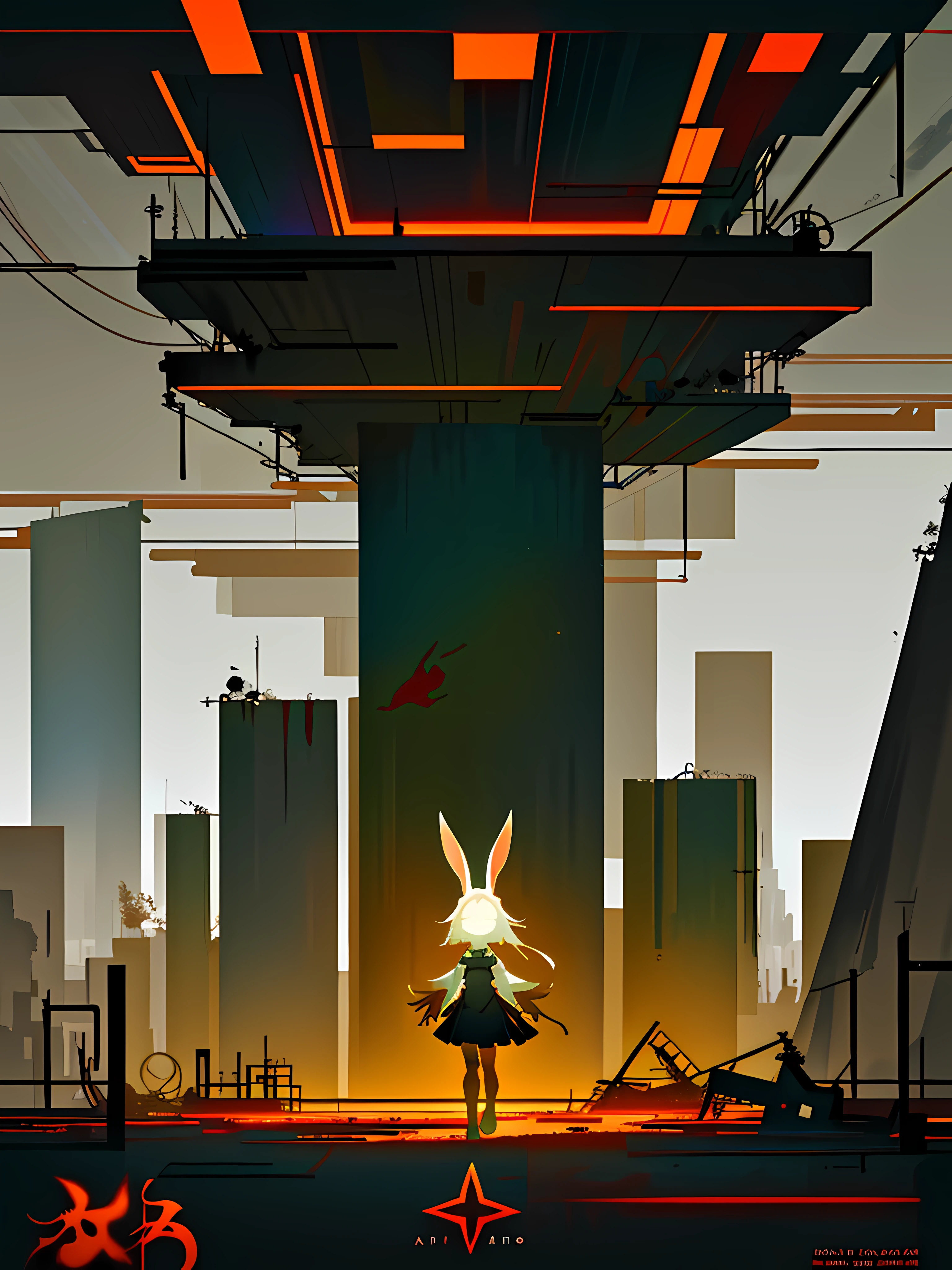 (blame! style abandoned tech landscape), (Zen, Amy Sol style), (underground, dark, foggy, perilous, abandoned dystopian apartment bedroom, deep windows), (abstract anthro rabbit figure wearing bunny ears), cover art with light abstraction, abstract, simple vector art, contemporary Cybernetic art, color gradients, soft color palettes, layered forms, whimsical animation, style Ethereal abstract, 4K, --v6