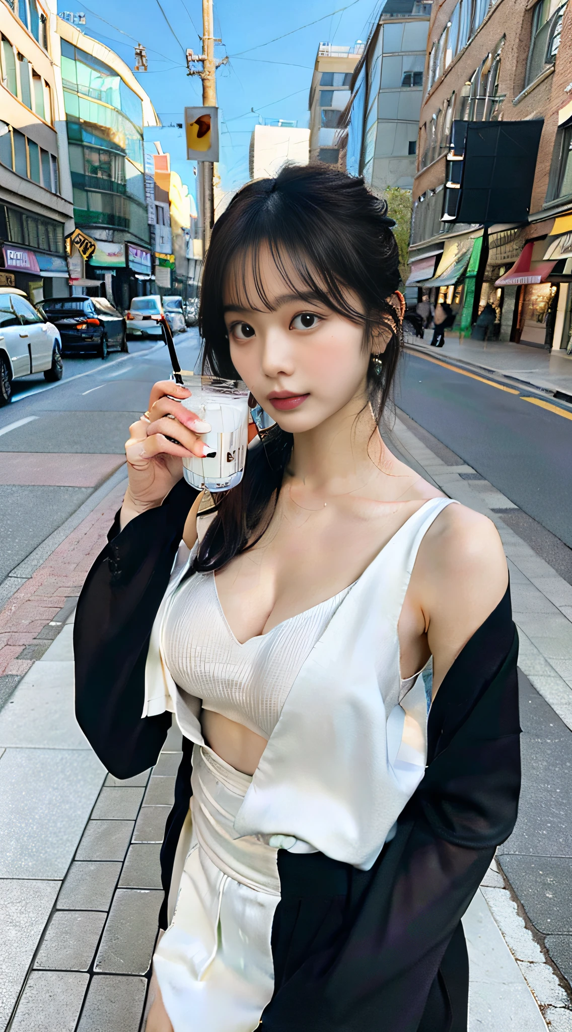 (8K, Best quality, Masterpiece:1.2), (Realistic, photo-realistic:1.37),Best quality,Masterpiece,Unity,An extremely delicate and beautiful,Extremely detailed,Amazing,finedetail,Masterpiece,Best quality,offcial art,middlebreast ,White skin, tall, Pure, jk, blacksilk,standing on your feet,Street side,drinking milktea,Bite the straw