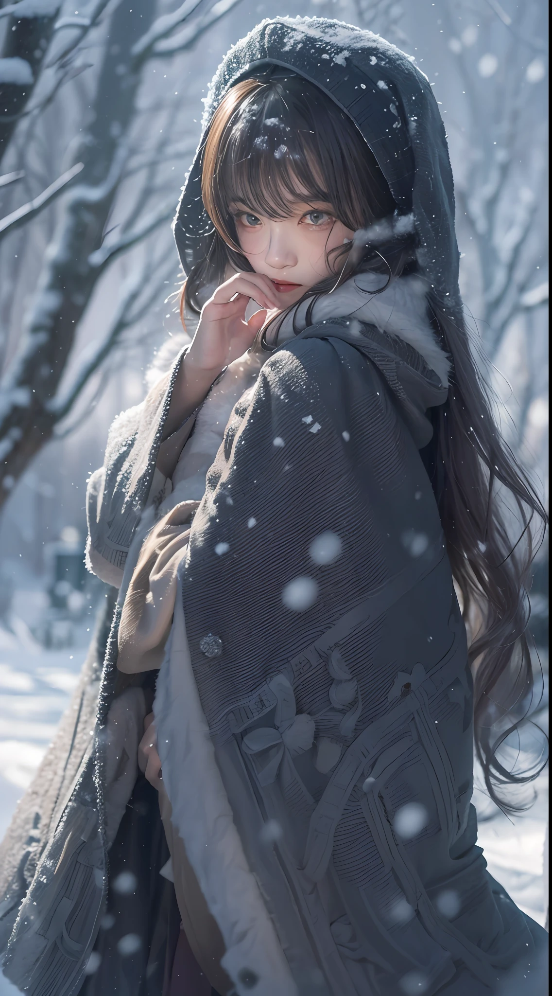 ((Works of masters))，(超高分辨率)，1 girl,Glowing eyes，Tears of sadness， Sitting, Lolita costume，Cloak (Snow, Snow，Outdoor activities in winter:1.2),