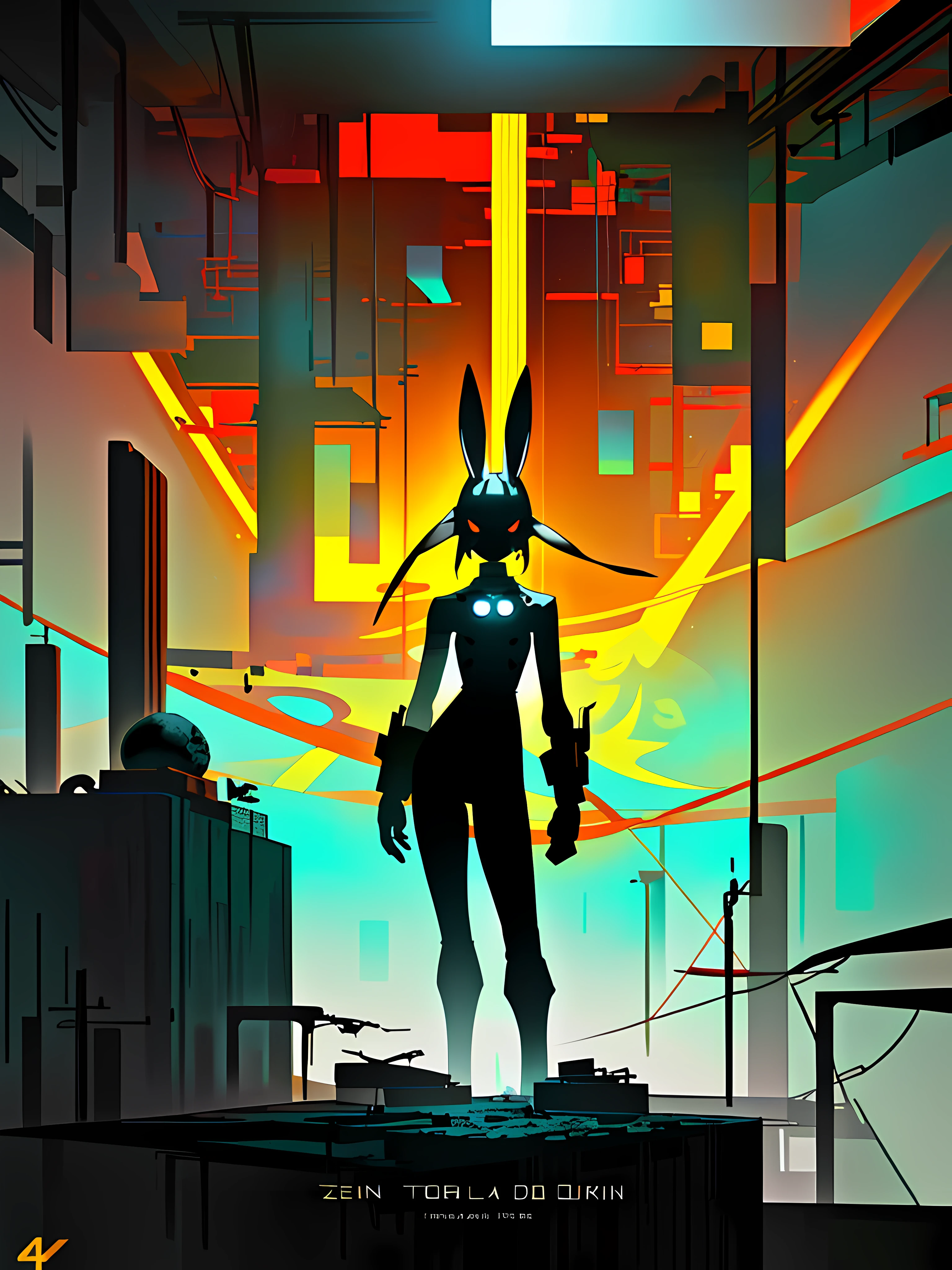 (blame! style abandoned tech landscape), (Zen, Amy Sol style), (underground, dark, foggy, perilous, abandoned dystopian apartment bedroom, deep windows), (abstract anthro rabbit figure wearing bunny ears), cover art with light abstraction, abstract, simple vector art, contemporary Cybernetic art, color gradients, soft color palettes, layered forms, whimsical animation, style Ethereal abstract, 4K, --v6