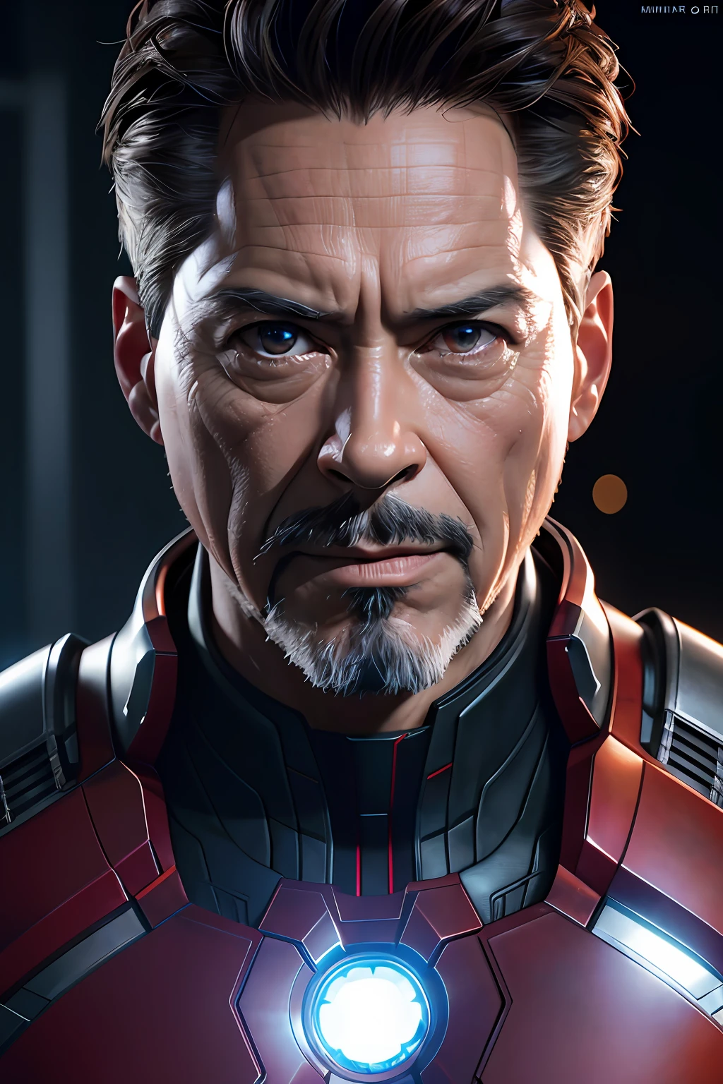Marvel, Old man Tony Stark, realistically, dynamic lights, old, gray stubble, full shoot, (extremely detailed CG unity 8k wallpaper), trending on ArtStation, trending on CGSociety, High Detail, Sharp focus, dramatic, photorealistic
