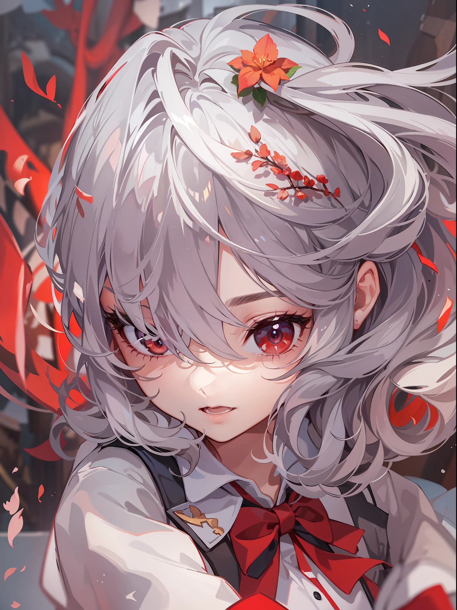 （CG Unity 8K wallpaper with the best picture quality and ultra-detail、tmasterpiece），Floating、A high resolution、dynamic angle、Dynamic pose、A young girl、Silvery hair（1.3）、red color eyes、Morbidly cute、Japanese Student Uniform