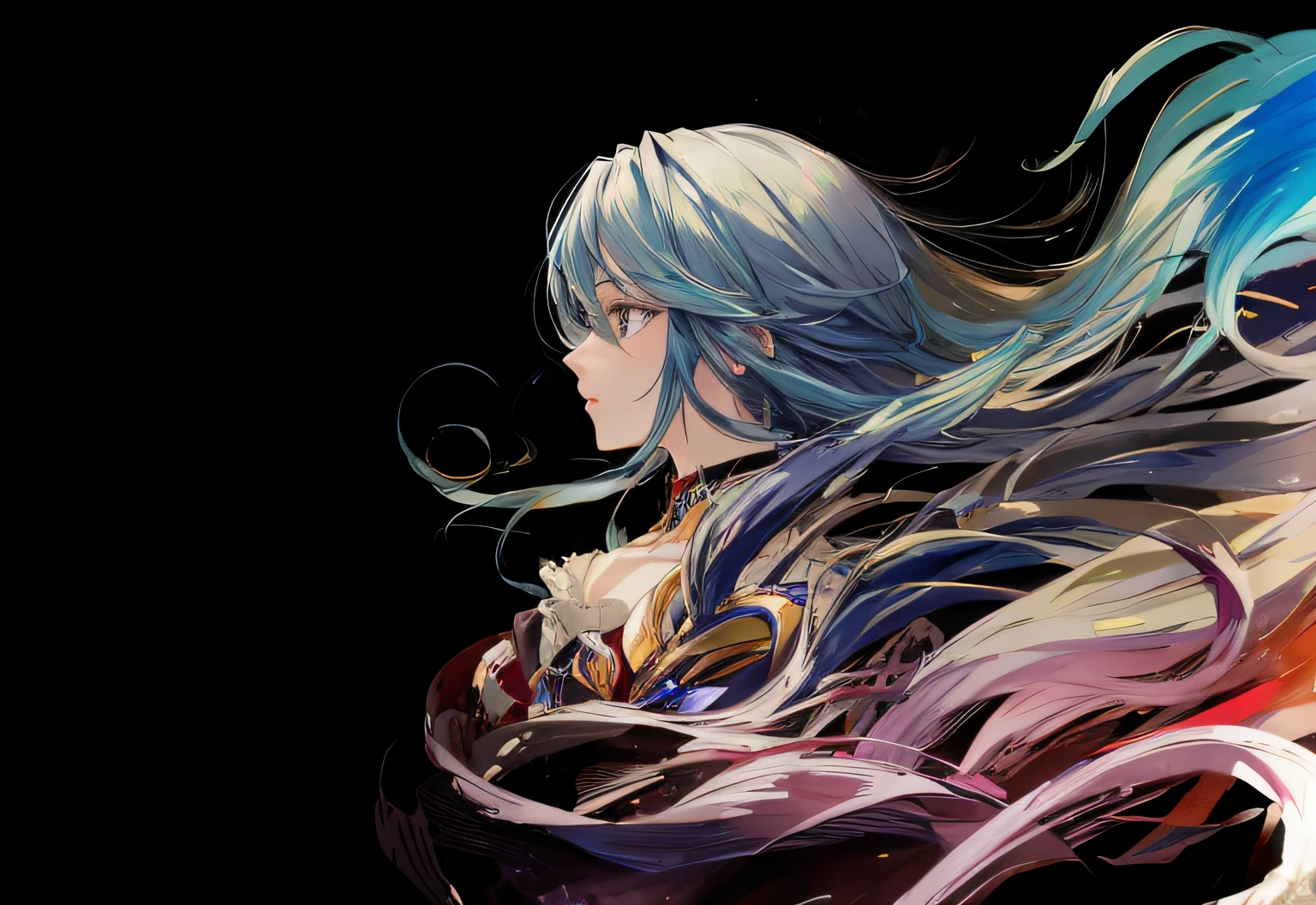 Pretty Woman Profile、length hair、colourfull、sleeoing、masterpiece、hightquality、By Shinkai Makoto