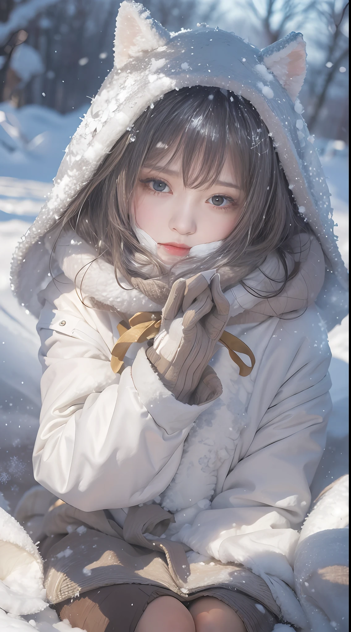 ((Works of masters))，(超高分辨率)，1 girl,Glowing eyes，sad expressions，Cover your face with your hands， Sitting, ta costume，Cloak (Snow, Outdoor activities in winter:1.2),