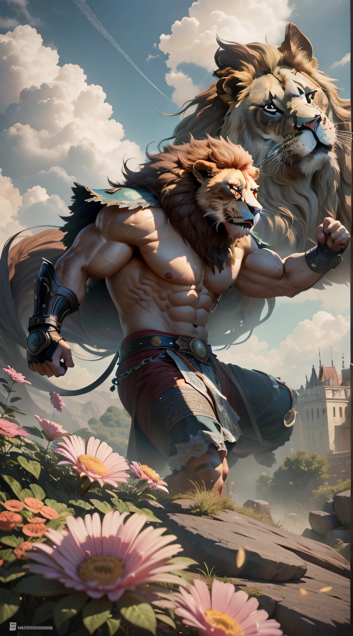 Muscle, masculino, (lion head: 1.0), peludo, vestido como um guerreiro parado em um penhasco com natureza, clouds in the sky, foto, realismo, cgi, (pose de luta: 1.2), tekken, brilho nos olhos , cintura larga, cabelo cinza, (baki:1.2), dentes, (vapor:1.0), alto detalhe, castelo, obra-prima, (HDR)(papel de parede)(film lighting)(foco nítido), obra-prima, melhor qualidade, (papel de parede 8k da unidade CG extremamente detalhado), (melhor qualidade)