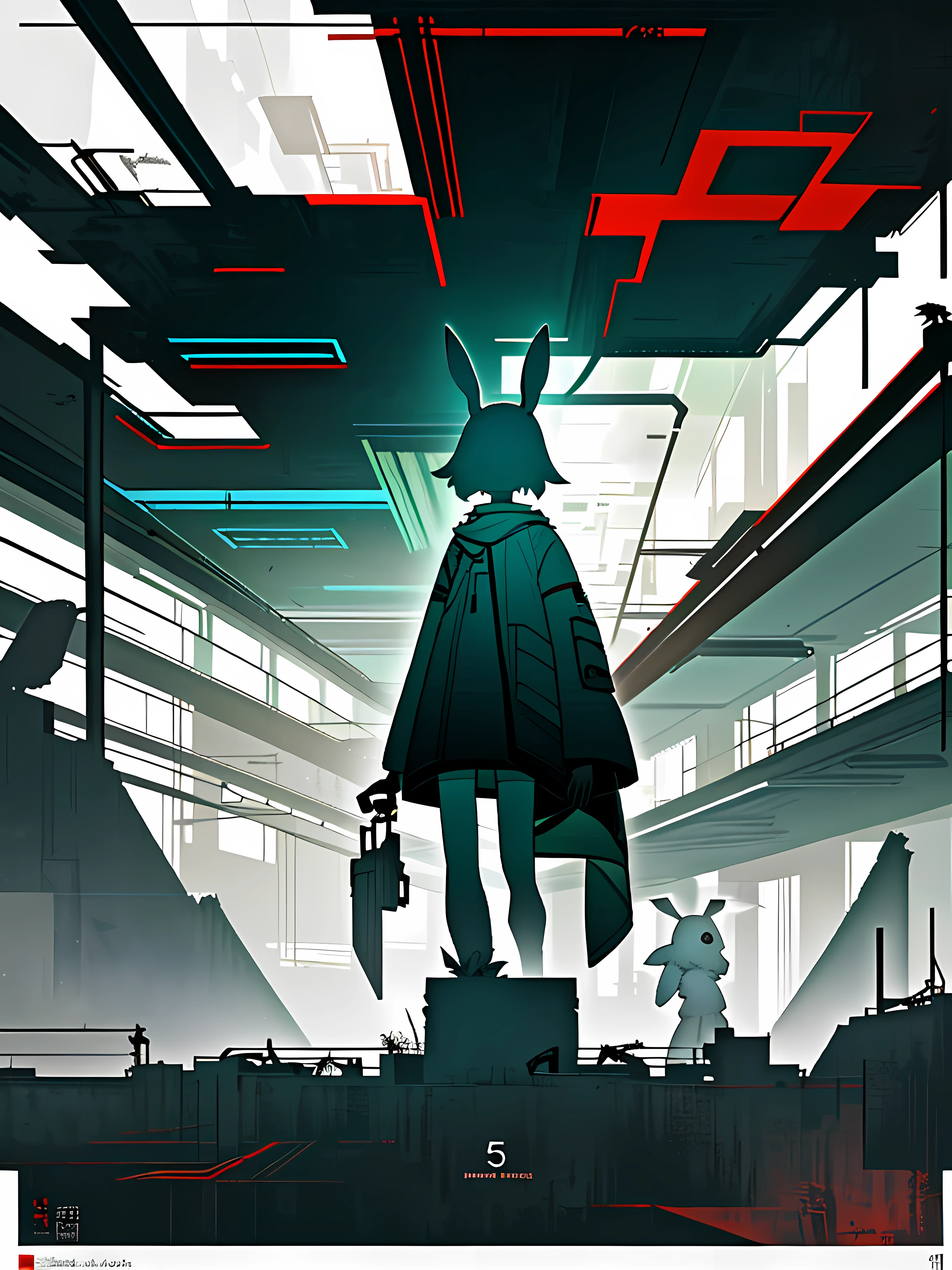 (blame! style abandoned tech landscape), (Zen, Amy Sol style), (underground, dark, foggy, perilous, abandoned dystopian apartment bedroom, deep windows), (abstract anthro rabbit figure wearing bunny ears), cover art with light abstraction, abstract, simple vector art, contemporary Cybernetic art, color gradients, soft color palettes, layered forms, whimsical animation, style Ethereal abstract, 4K, --v6