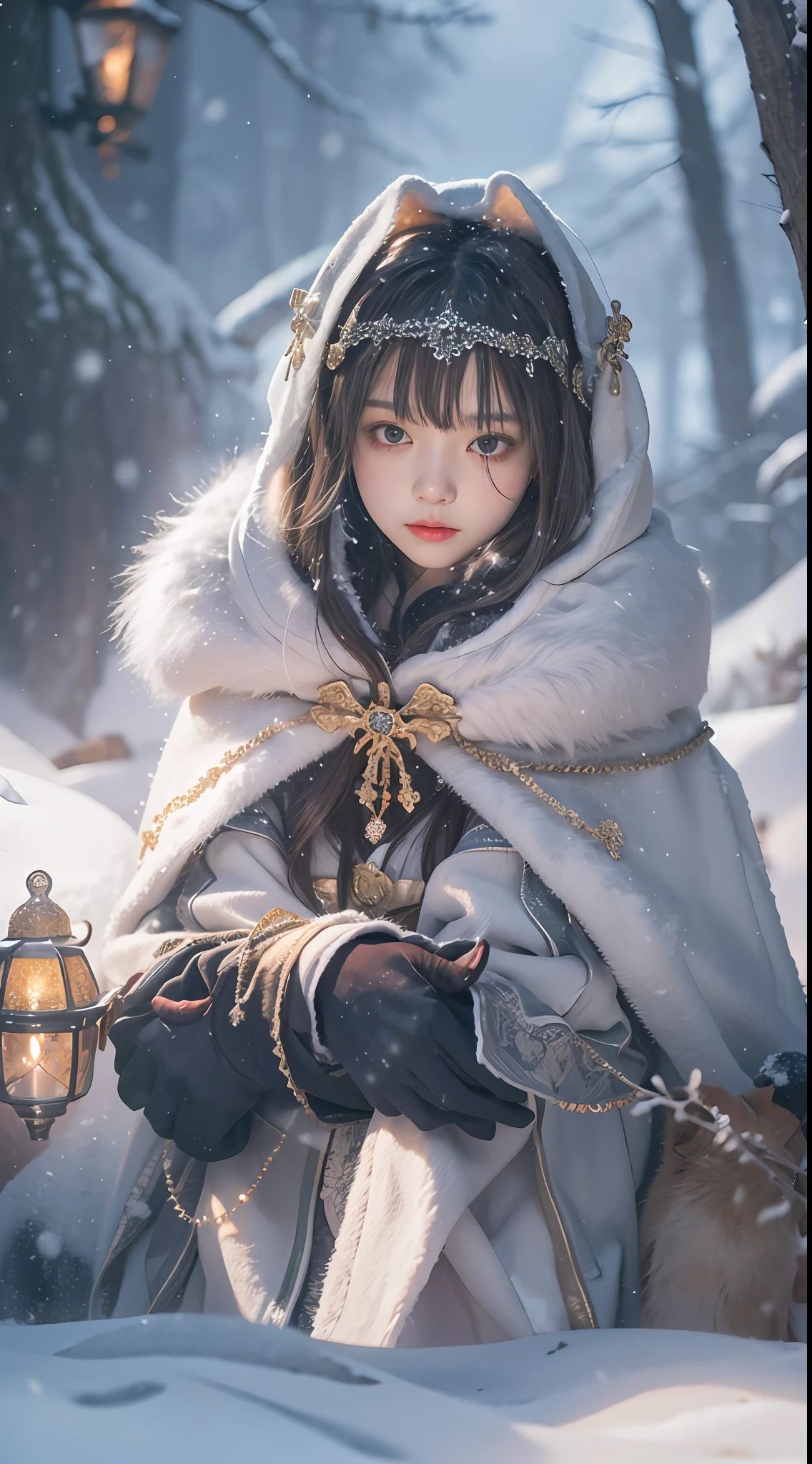 ((Works of masters)),(超高分辨率),1 girl,Glowing eyes,sad expressions,Cover your face with your hands, Sitting, Lolita costume,Cloak (Snow, Outdoor activities in winter:1.2),