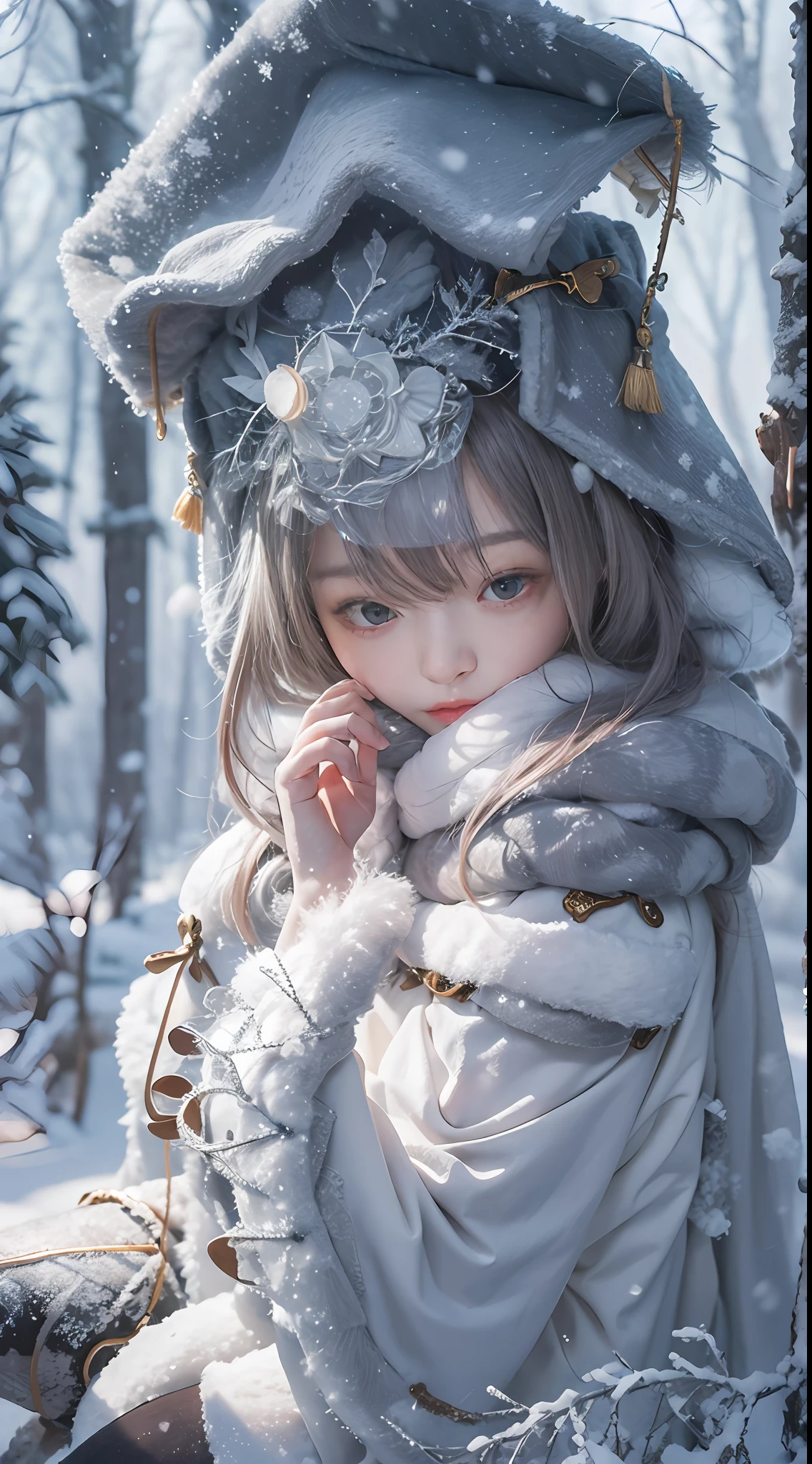 ((Works of masters)),(超高分辨率),1 girl,Glowing eyes,sad expressions,Cover your face with your hands, Sitting, ta costume,Cloak (Snow, Outdoor activities in winter:1.2),