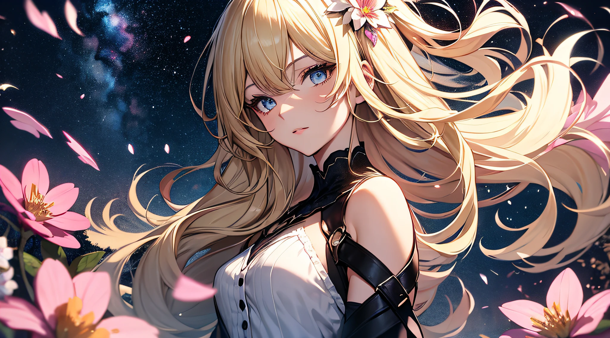 (best quality, masterpiece), 1girl, galaxy, glitter, dress, particle, wind, flower, upper body, dark simple background, looking at viewer, blonde,