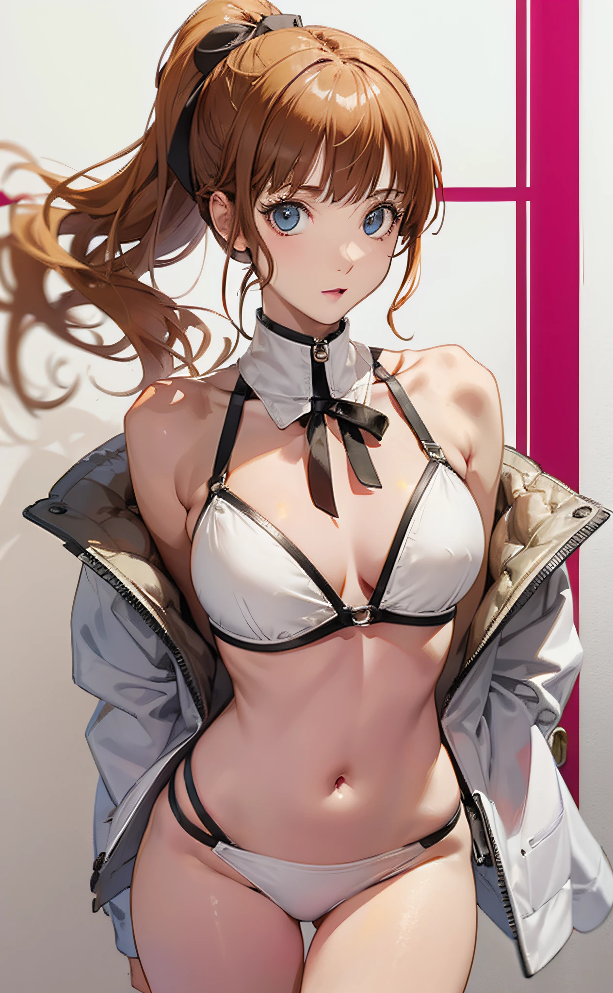 persona 5 art style、Persona 5 Style、Kasumi Yoshizawa、Yoko Asagiri、Full body like、high-level image quality、poneyTail、small tits 、Bangs ponytail、、Smooth thighs、Patsun、top-quality、The ultra -The high-definition、Fine eyes、Slender legs、Fine and beautiful eyes、a white bikini、stick out buttocks、a blond、