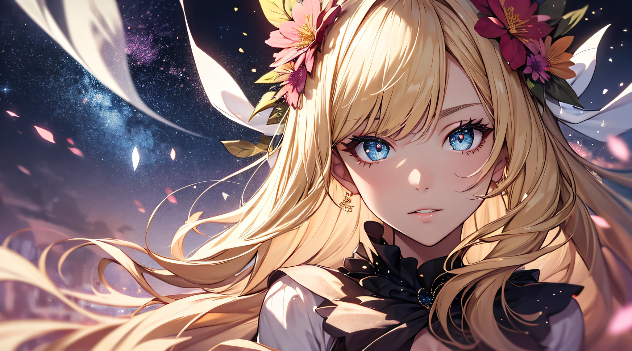 (best quality, masterpiece), 1girl, galaxy, glitter, dress, particle, wind, flower, upper body, dark simple background, looking at viewer, blonde,