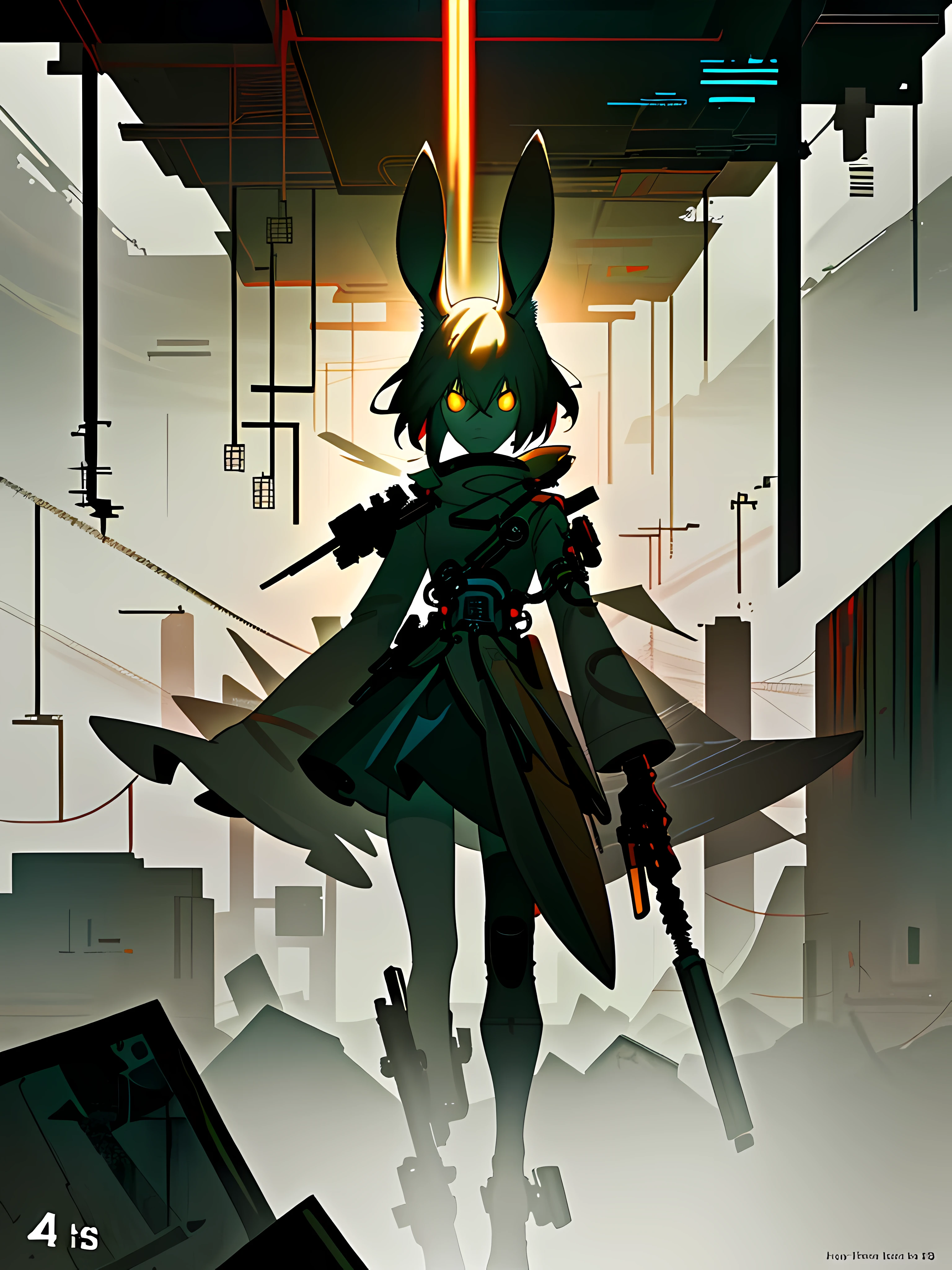 (blame! style abandoned tech landscape), (Zen, Amy Sol style), (underground, dark, foggy, perilous, abandoned dystopian apartment bedroom, deep windows), (abstract anthro rabbit figure wearing bunny ears), cover art with light abstraction, abstract, simple vector art, contemporary Cybernetic art, color gradients, soft color palettes, layered forms, whimsical animation, style Ethereal abstract, 4K, --v6