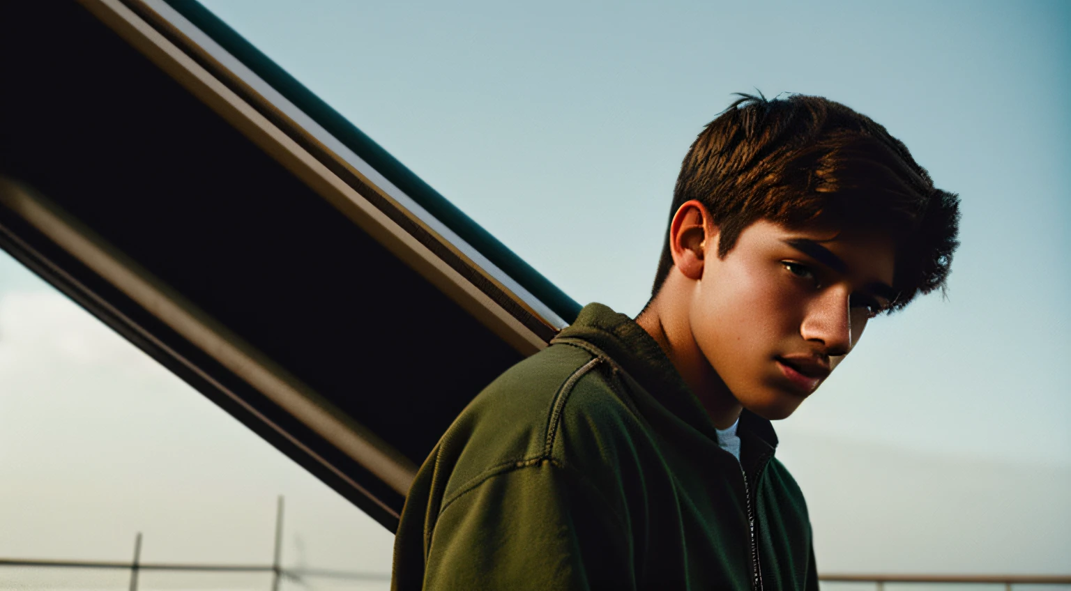 film photography portrait of a teenage guy, hyperrealistic, overcast lighting, shot on kodak portra 200, film grain, nostalgic mood