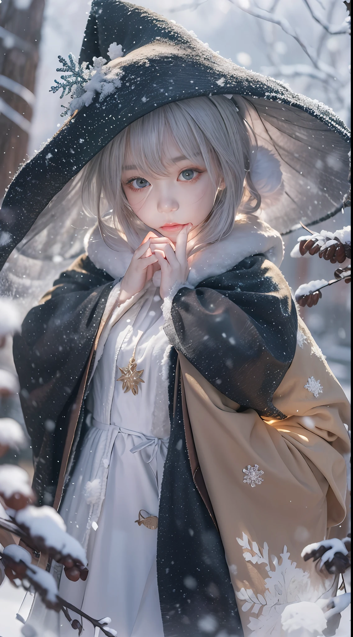 ((Works of masters))，(超高分辨率)，1 girl,Glowing eyes，sad expressions，Cover your face with your hands， Sitting, Lolita costume，Cloak (Snow, Outdoor activities in winter:1.2),