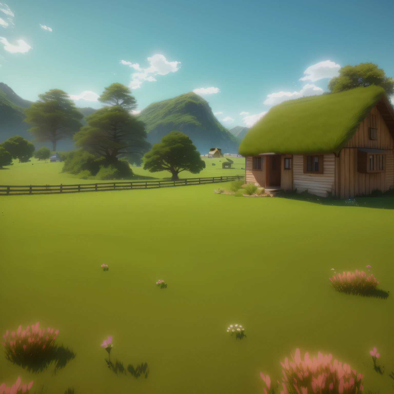 there is a small house in the middle of a field, stylized 3d render, anime countryside landscape, stylized as a 3d render, rendered in unity 3 d, 3 d stylize scene, daylight made in blender, 3 d render stylized, animation style render,Mountains in the distance，High mountains below the white clouds, soothing and cozy landscape, Fondo mate. illusory engine, distant village background