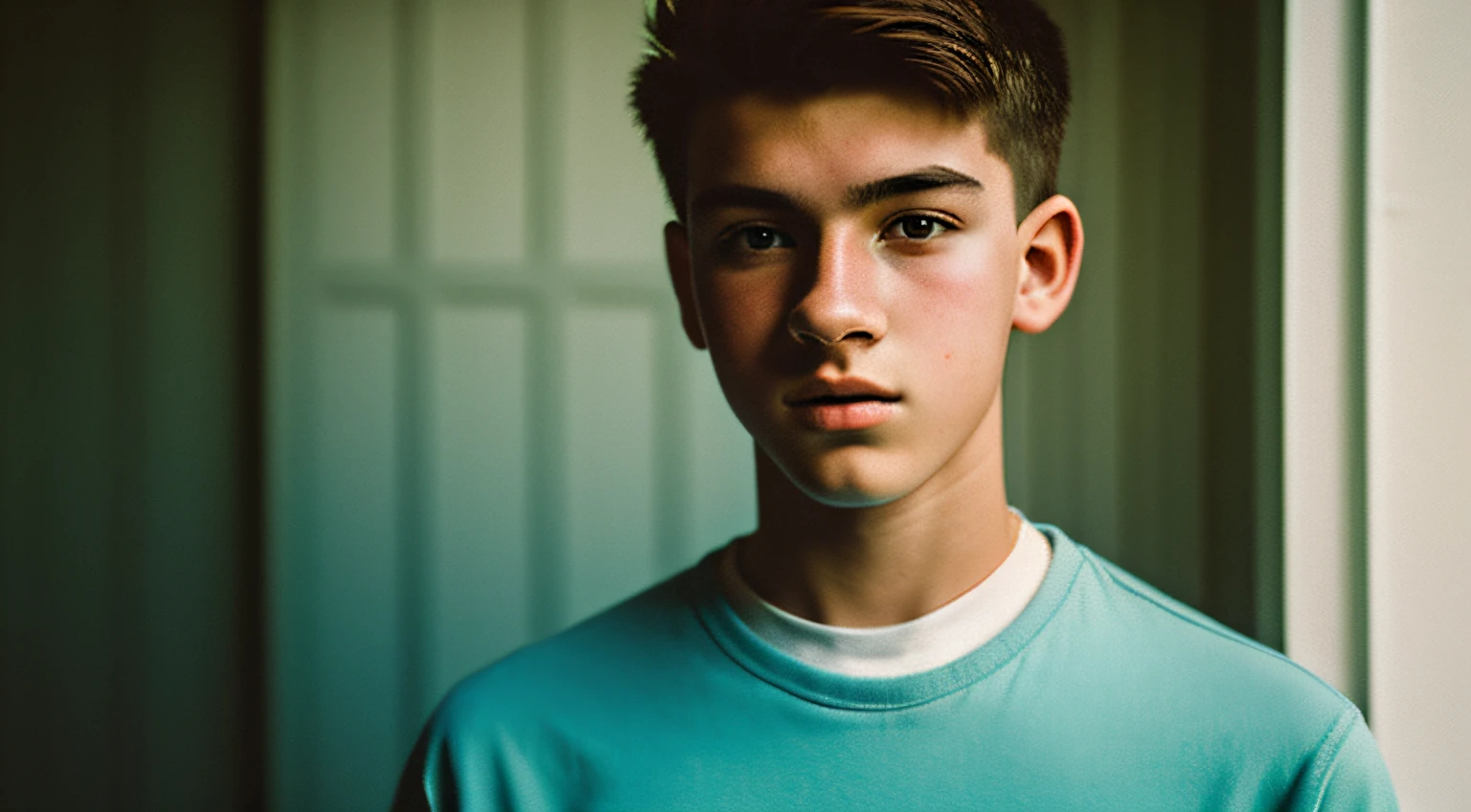 film photography portrait of a teenage guy, hyperrealistic, overcast lighting, shot on kodak portra 200, film grain, nostalgic mood