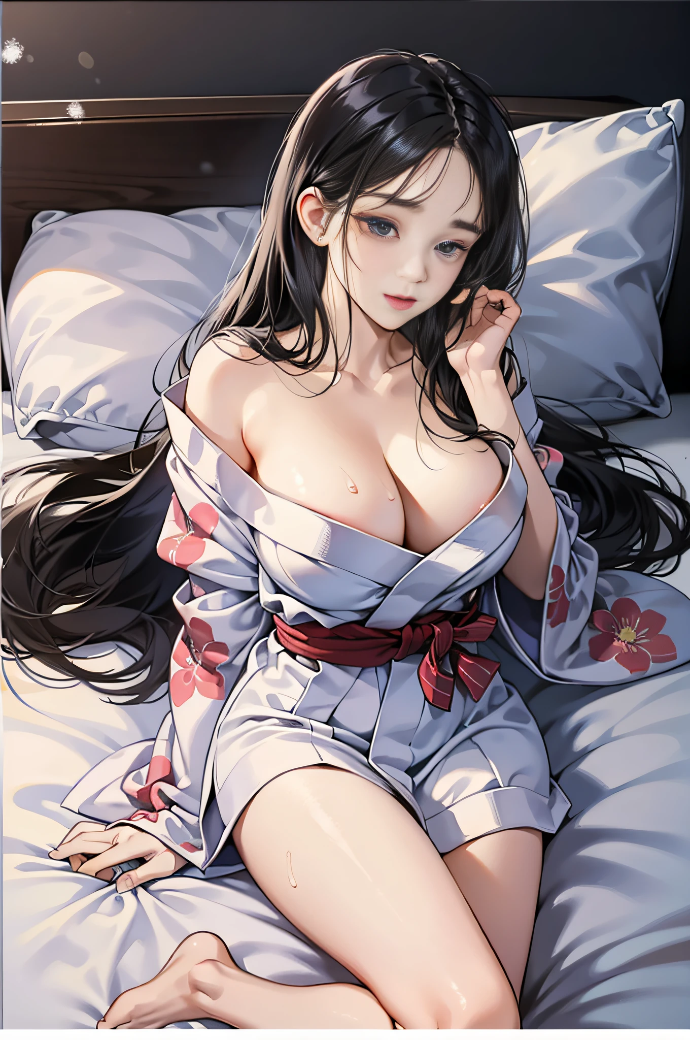 Attractive long black hair、Beautiful woman at 32 years old、Double eyelids、tthin eyebrows、Sleeping in a snow-white bed、No Underwear、Open your legs wide to see the inside of your thighs、You can see the whole body、Yukata gets wet with sweat and sticks to the skin、1 thin white see-through yukata、very large breast、The color and shape of the tip of the chest is visible 、You can see the color and shape of the areola、Looks a lot of pubic hair、The entire chest shows through、