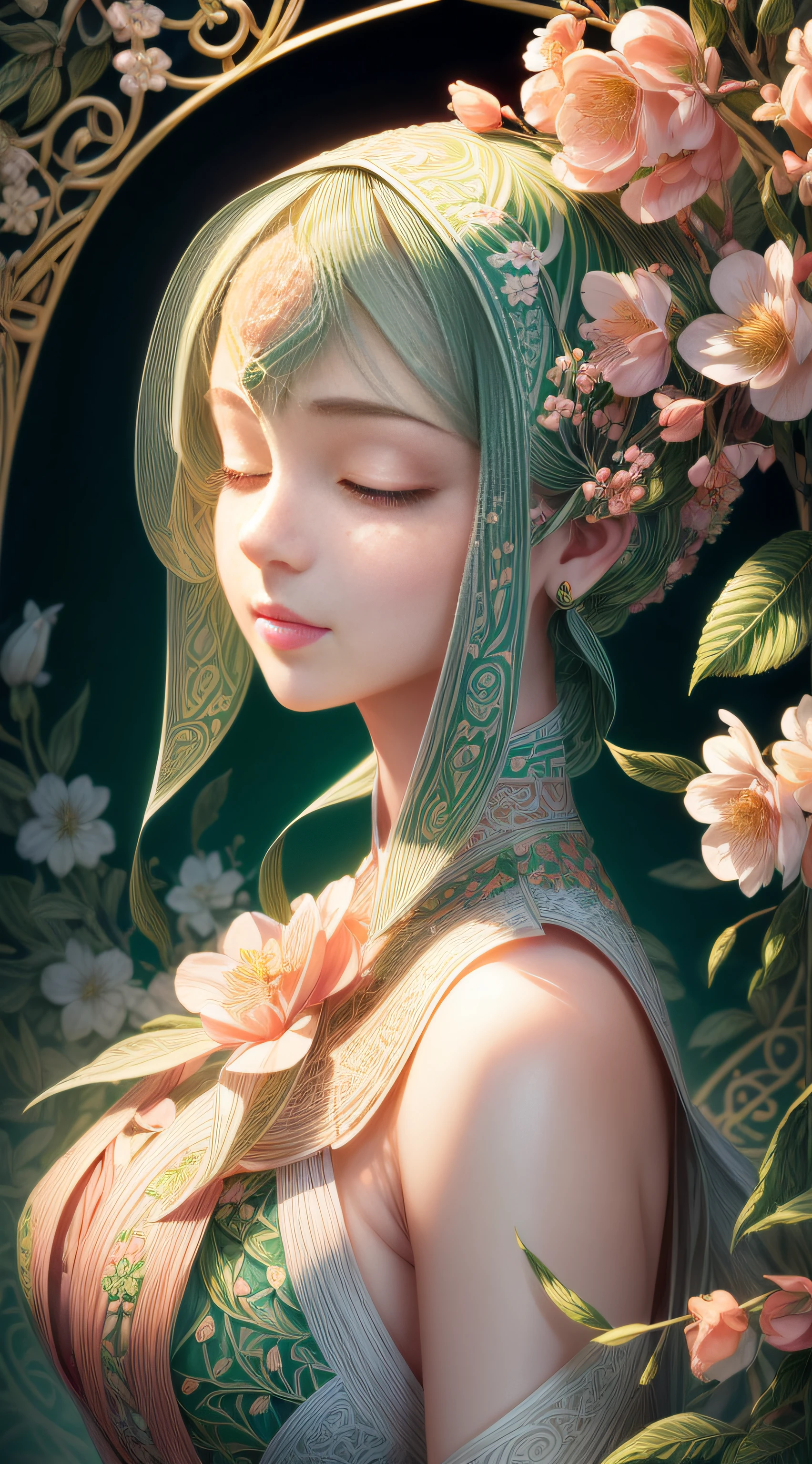 (illustration:1.3),paper art, zentangle，3D rendering of，Green background, Spring，(Beauty side face,closing her eyes:1.3)，(peach blossom:1.2), Colorful, Best quality, Detailed details, Masterpiece, offcial art, Cinematic lighting effects, 4K,offcial art