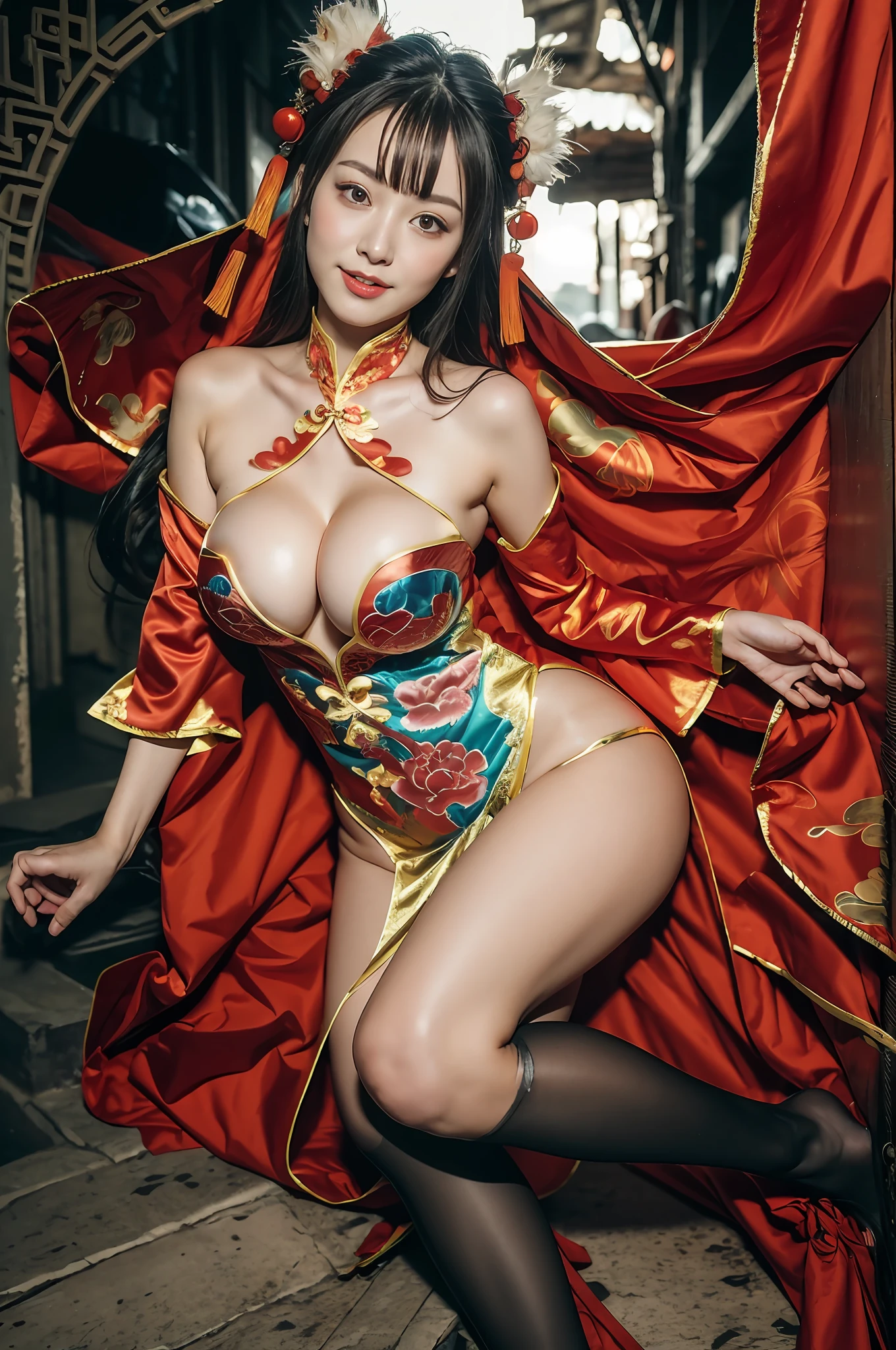 (((long Traditional Chinese costumes))),(((view full body))),(((Show cleavage))),(((bare inner thigh)))、(((show side breast))),(((detached sleeves))),(((over-kneehighs))),ulzzang-6500-v1.1, (Raw photo:1.2), (Photorealsitic:1.4), a beautiful detailed girl, extremely detailed eye and face, beautiful detailed eyes, ultra-detailed, High resolution, top-quality, masterpiece, ighly detailed, 8k wallpaper, magnifica, finely detail, top-quality, Light on the face,电影灯光,1girl in,(Kowloon City),Beautiful eyes,smile,Opening Mouth