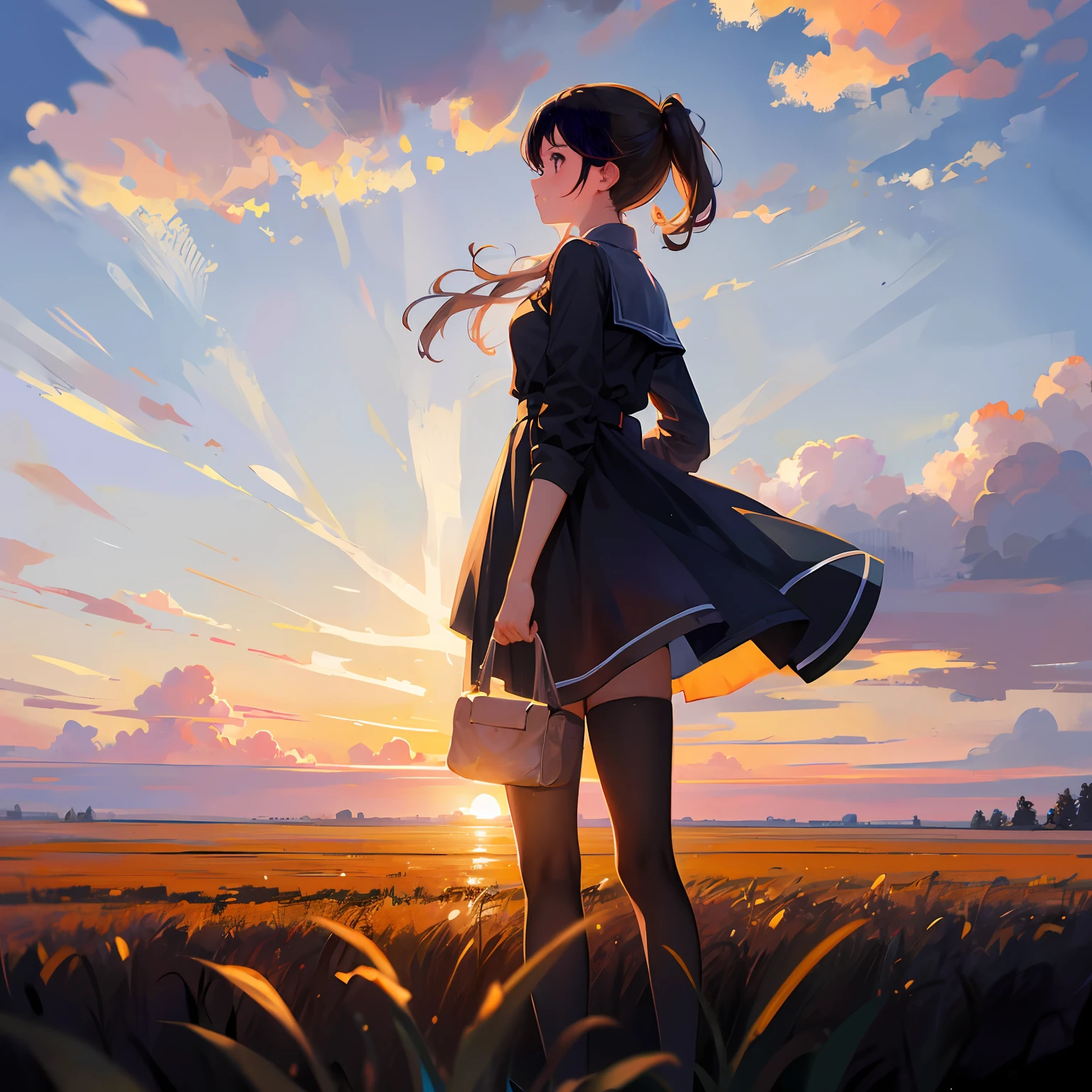 girl standing in field, closeup, portrait, clouds, sunrise
