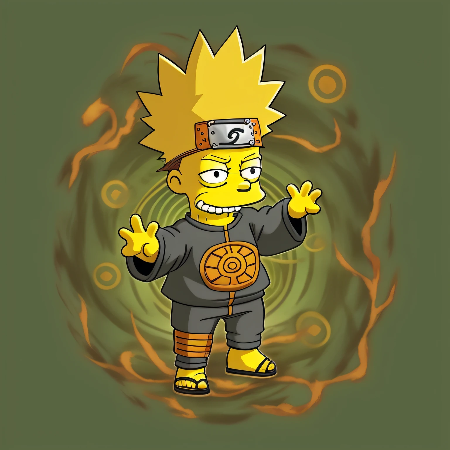 estampa de camiseta de um personagem do Naruto no estilo dos Simpsons, making a summoning jutsu, cercado por chakra brilhante e vibrante