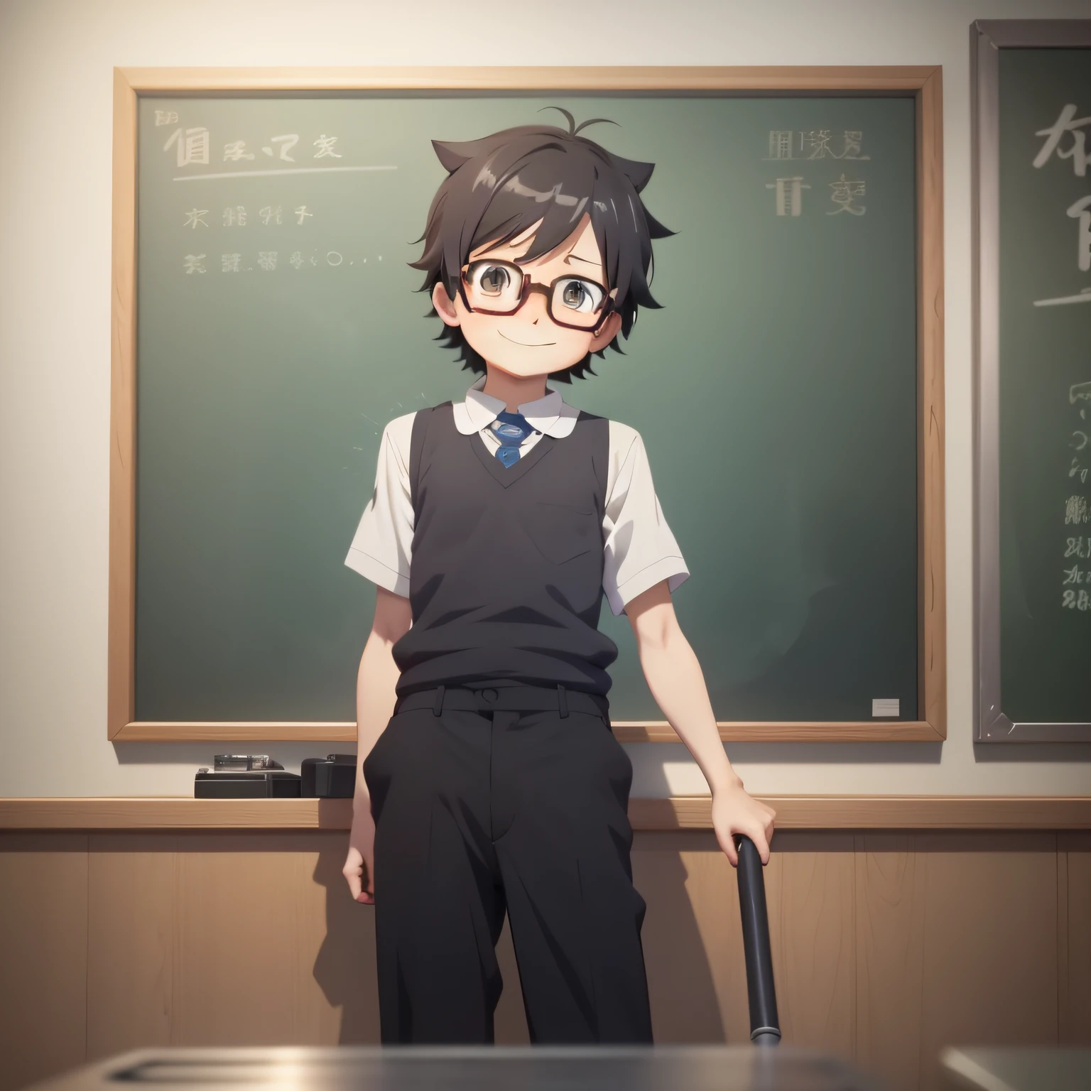 A boy stands in front of the blackboard with a happy smile and numbers on the blackboard,Large wrench in hand!Anime image, mamoru hosoda, Today's featured anime stills, shuushuu anime image, nichijou, in the anime film, lain iwakura, Japanese animation style, still from tv anime, anime still frame, Anime, animated still, anime still frame, anime scene