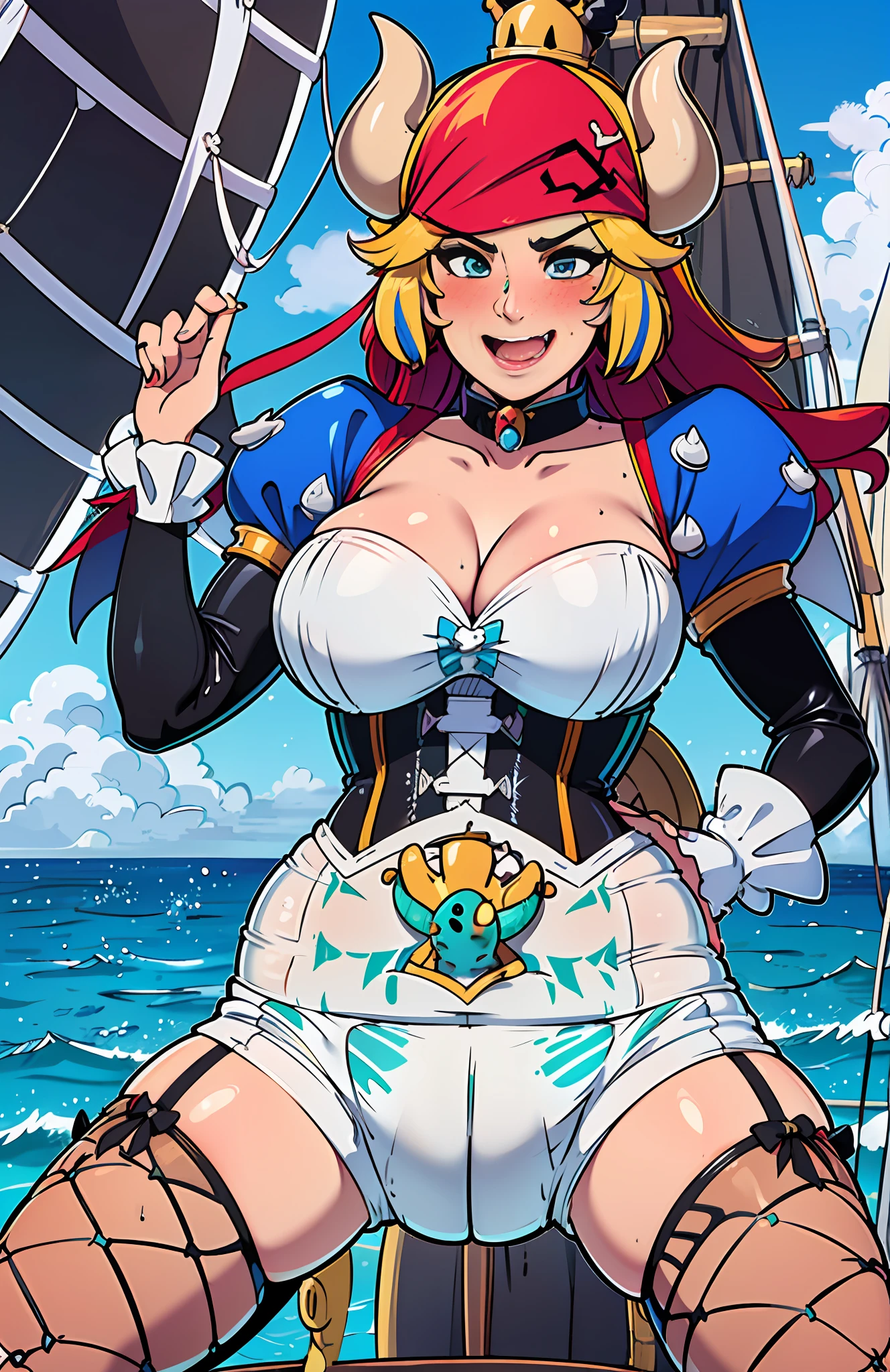 Sexy girl wearing (big diaper), ((Miss Fortune)), ((Bowsette)), busty, (big breasts), wide hips, (latex), stockings, fishnets, (corset), (hypnotic), (magical), (blushing), pleasure, (orgasmic), colorful, ((mommydom)), ((pirate)), (pirate ship), ocean, sails, sunlight, tropical