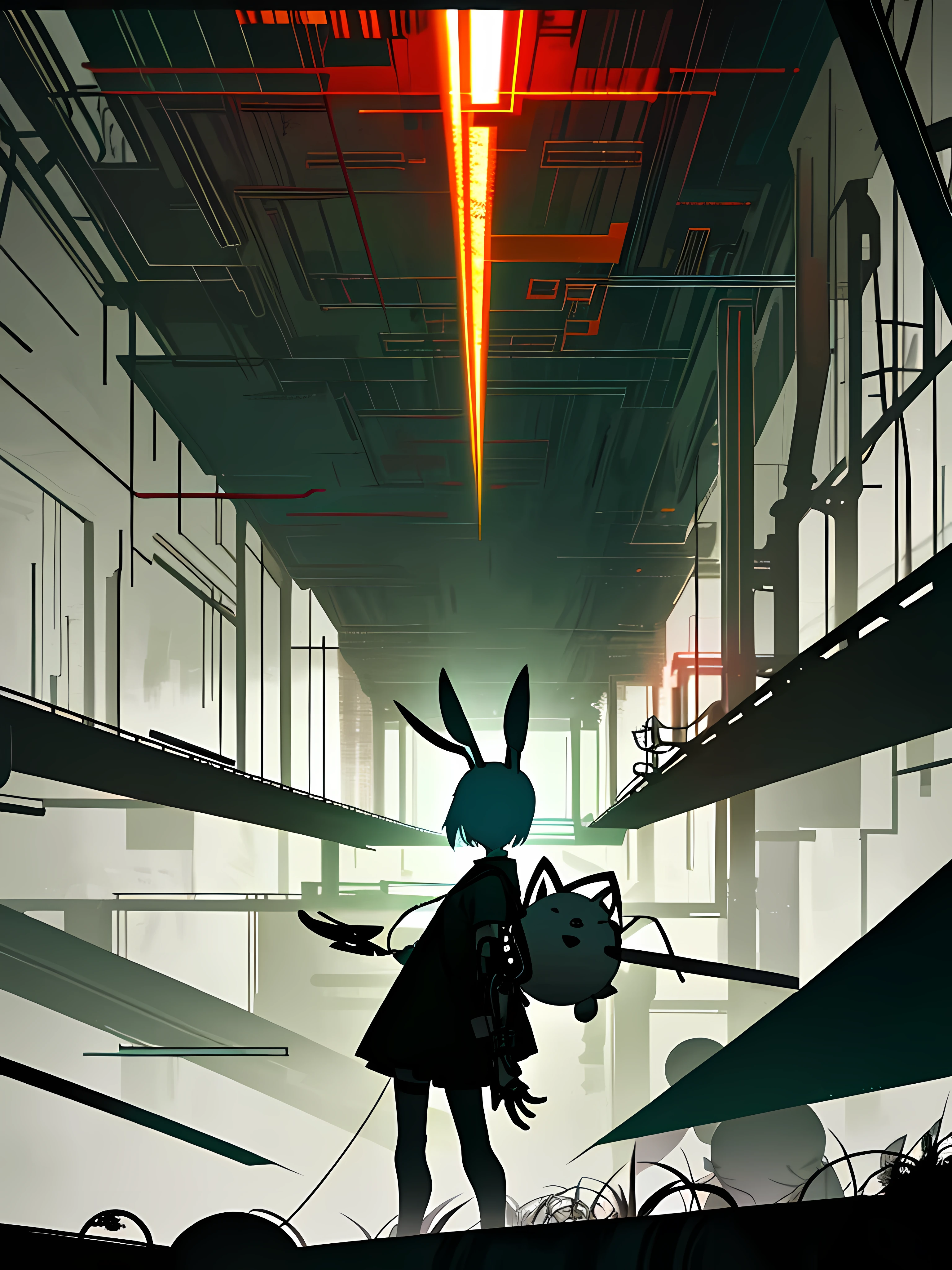 (blame! style abandoned tech landscape), (Zen, Amy Sol style), (underground, dark, foggy, perilous, abandoned dystopian apartment bedroom, deep windows), (abstract anthro rabbit figure wearing bunny ears), cover art with light abstraction, abstract, simple vector art, contemporary Cybernetic art, color gradients, soft color palettes, layered forms, whimsical animation, style Ethereal abstract, 4K, --v6