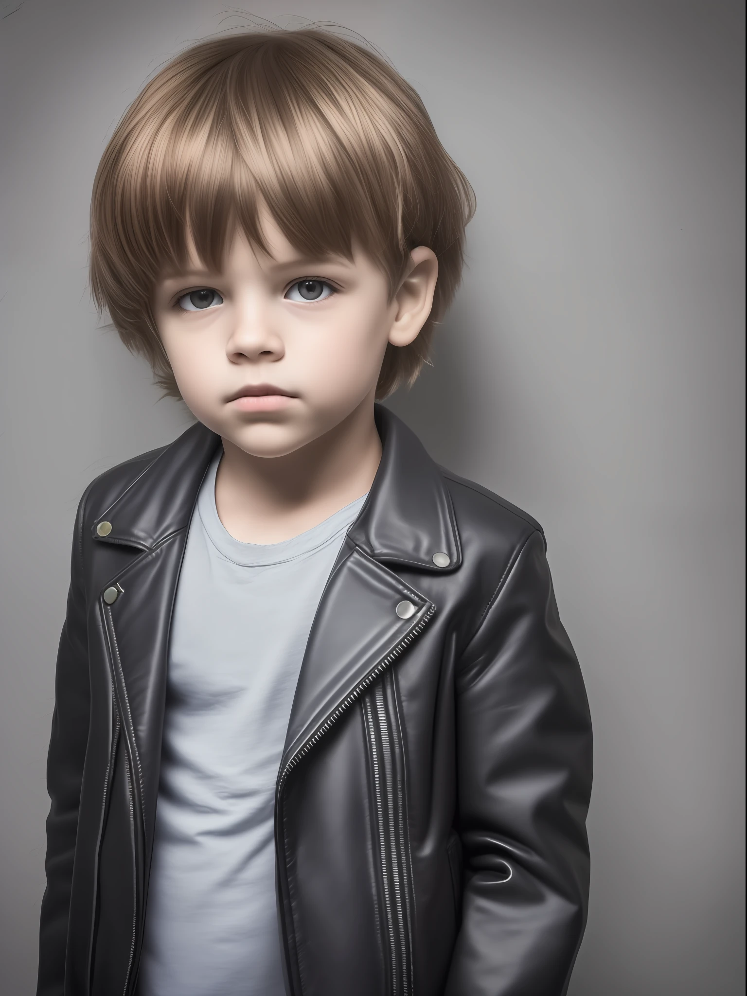 Self-portrait of a 4--old e child wg leather jacket, (cabelo curto raspado:1.4) Foto RAW, 8k UHD, qualidade superior, melhor qualidade, altamente detalhado: 1.2), Photo studio background with white background, foto de corpo inteiro, Low-angle photo.