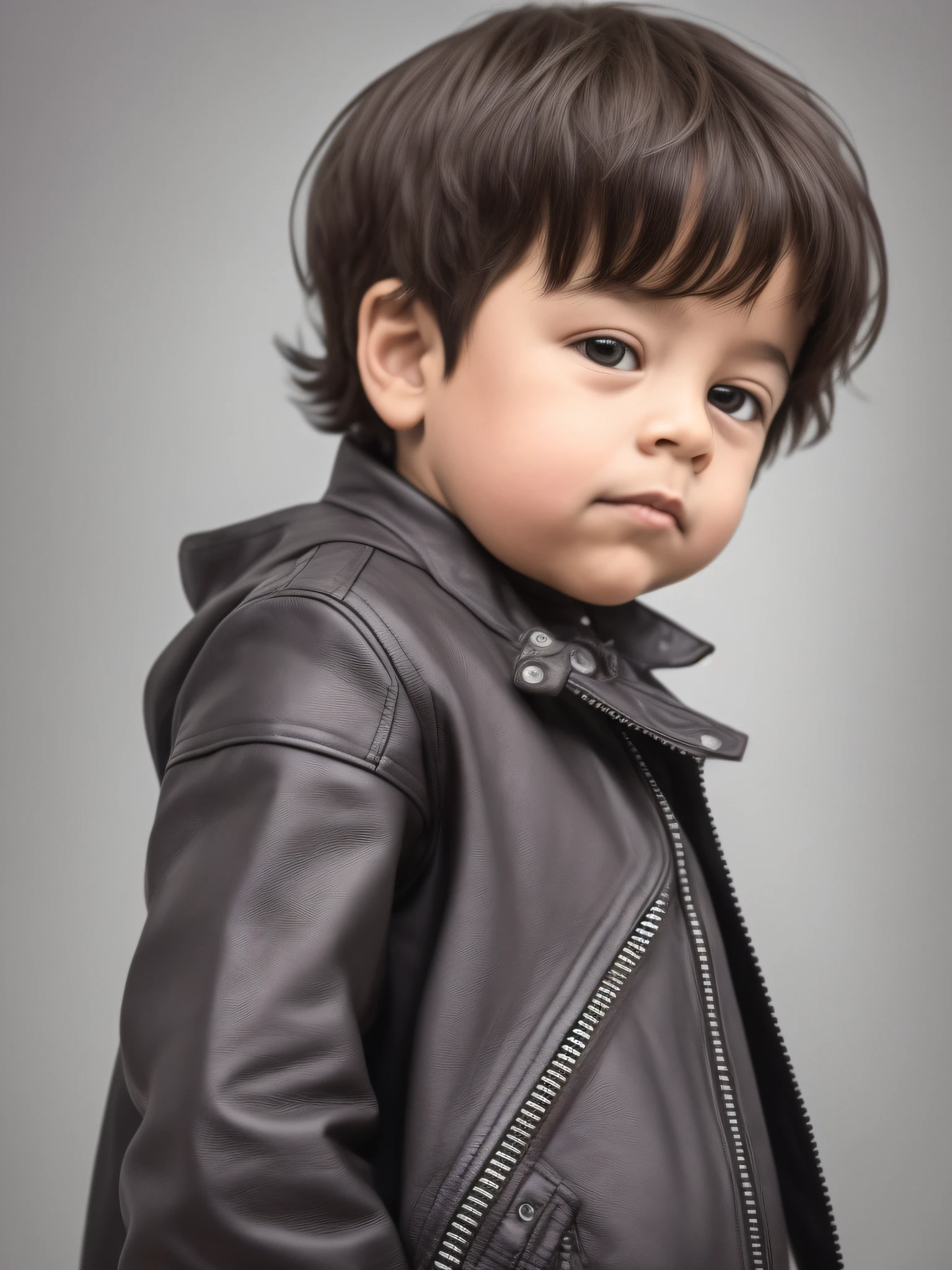 Self-portrait of a 4-year-old male child wearing leather jacket, Foto RAW, 8k UHD, qualidade superior, melhor qualidade, altamente detalhado: 1.2), Photo studio background with white background, tiro de corpo inteiro, Low-angle shooting.