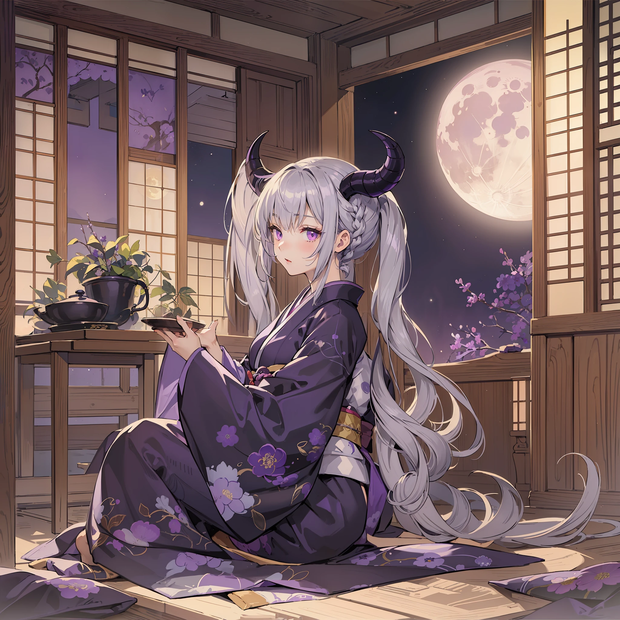 (masterpiece, best quality:1.2), (1girl, solo), 20years old, full body, kimono, (gray hair, twin braid), (purple demon horns, purple eyes), normal ears, (sitting in the old style Japanese room, dark room), night sky, (full moon, moon light)