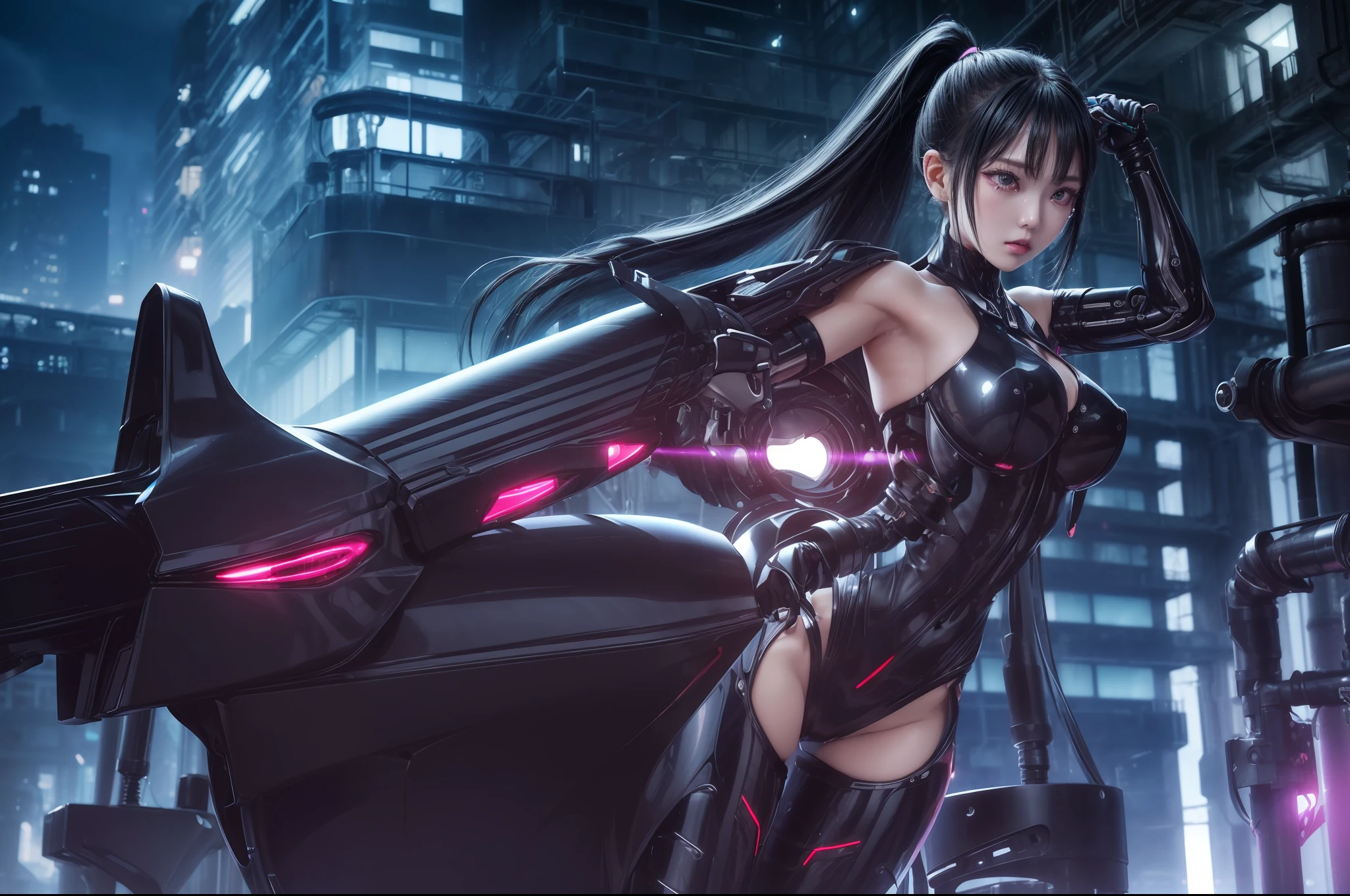 delicated face、20-year-old KPOP idol cyborg girl、(Carbon Fiber Cyborg Body)、Carbon fiber body、{{twin-tail hair}}、(huge tit:1.4)、(mechanical joint)、bangss、Charming curves、Middle of the pelvis、((abandoned factory))、glistning skin、((Pafia Leola))、(highleg、Spread Leg、camel's toe、cammel toe、vulvashaped:1.25)、(cyberpunked、SF:1.2)、([[glowing neon]]、(Full Body Pose)、Standing Pose、(8k、RAW Photography、top-quality、 ​masterpiece: 1.45)、(NSFW:1.2)、(((deep in the night)))、(((dark)))
