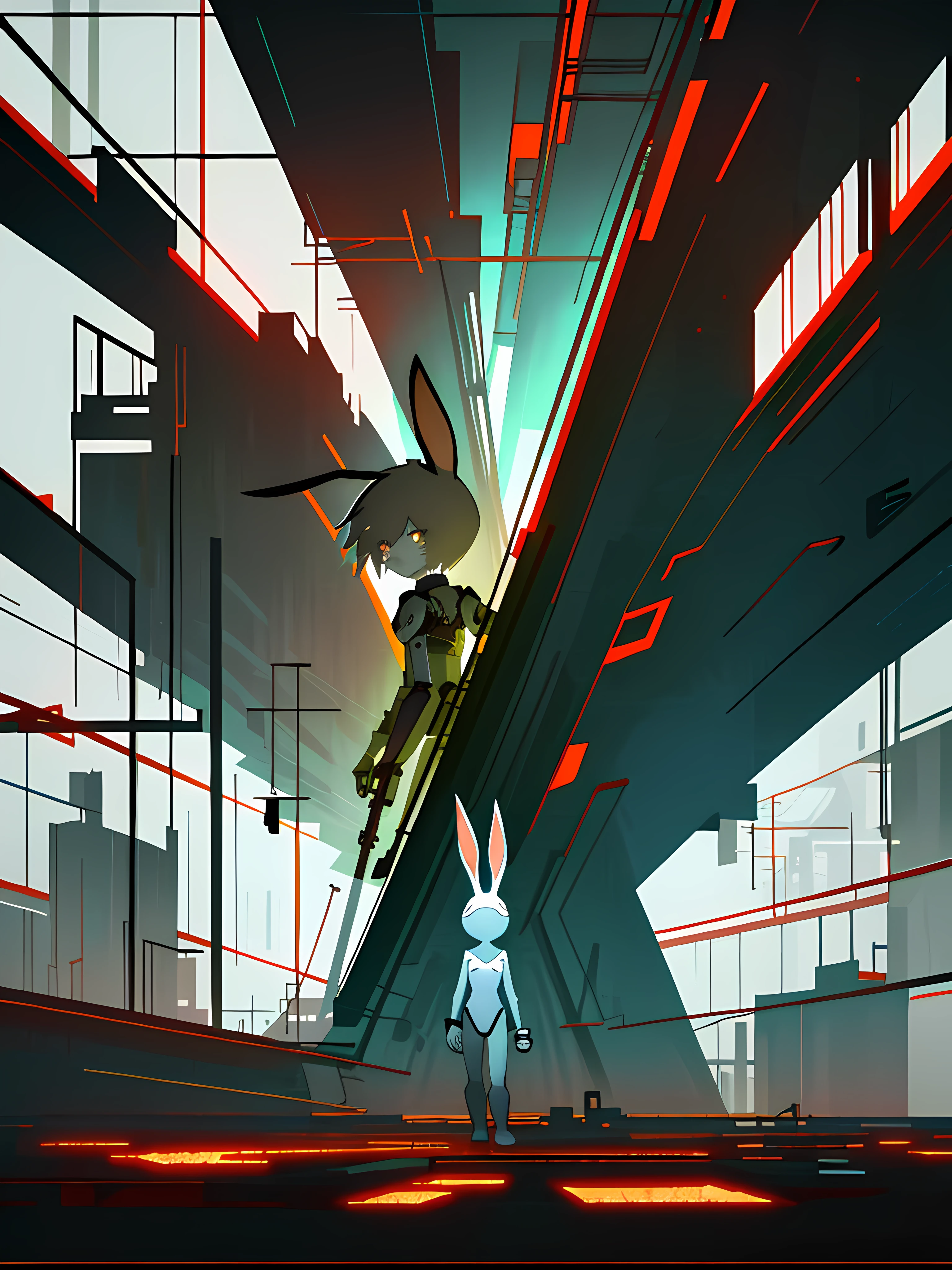 (blame! style abandoned tech landscape), (Zen, Amy Sol style), (underground, dark, foggy, perilous, abandoned dystopian apartment bedroom, deep windows), (abstract anthro rabbit figure wearing bunny ears), cover art with light abstraction, abstract, simple vector art, contemporary Cybernetic art, color gradients, soft color palettes, layered forms, whimsical animation, style Ethereal abstract, 4K, --v6