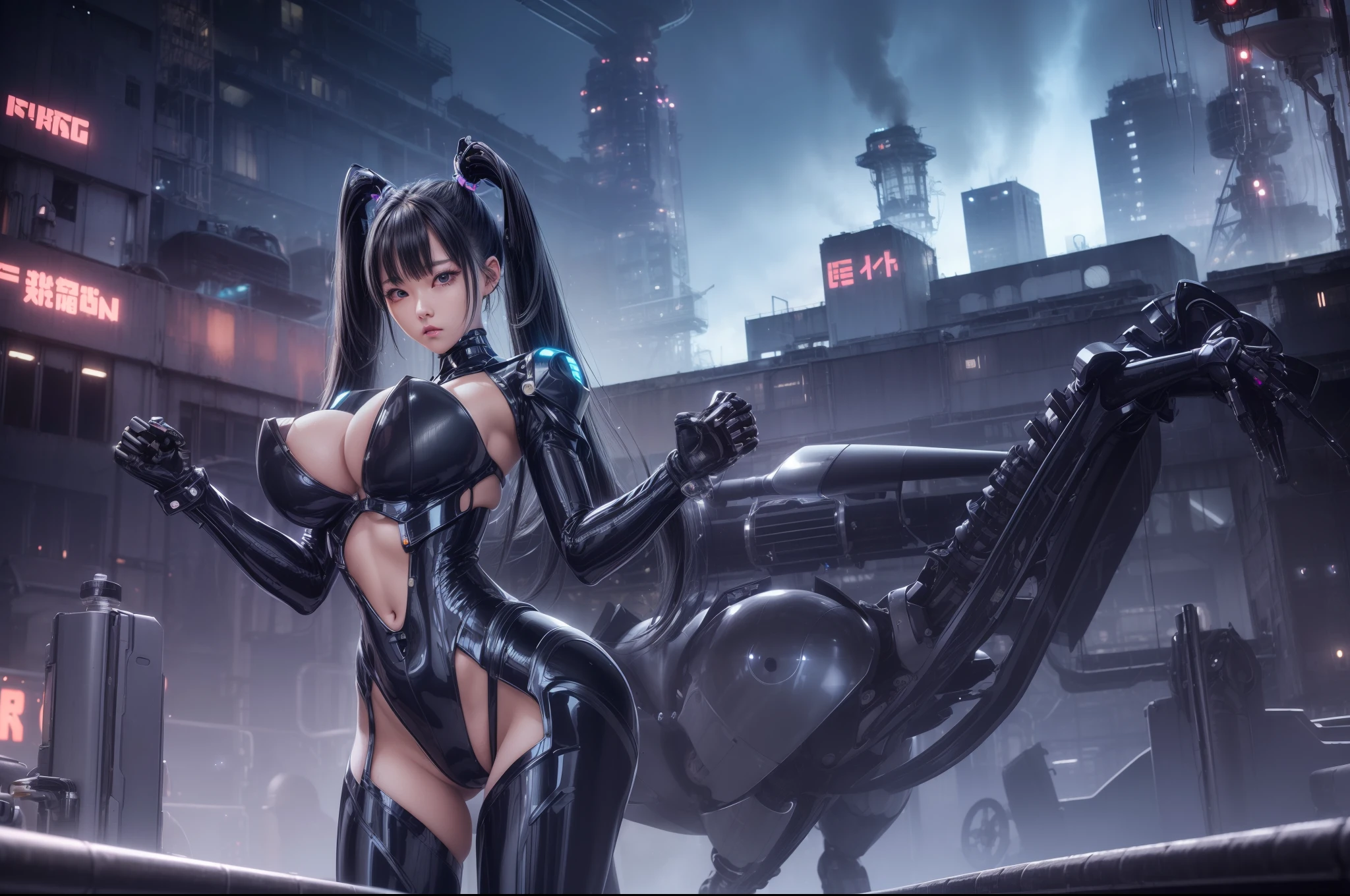 delicated face、20-year-old KPOP idol cyborg girl、(Carbon Fiber Cyborg Body)、Carbon fiber body、{{twin-tail hair}}、(huge tit:1.4)、(mechanical joint)、bangss、Charming curves、Middle of the pelvis、((abandoned factory))、glistning skin、((Pafia Leola))、(highleg、Spread Leg、camel's toe、cammel toe、vulvashaped:1.25)、(cyberpunked、SF:1.2)、([[glowing neon]]、(Full Body Pose)、Standing Pose、(8k、RAW Photography、top-quality、 ​masterpiece: 1.45)、(NSFW:1.2)、(((deep in the night)))、(((dark)))