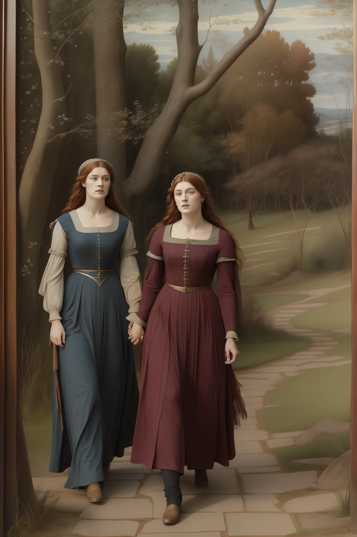 vestido burgundy celta medieval, "(((Pre-Raphaelite painting))), mulheres celtas fiando e tecendo, roupas xadrez, paisagem celta, tons outonais, destaque para um grande freixo, mulheres medievais, ((tecer, fiar,)) celta, mulheres difetentes, freixo, freixo, ash tree"