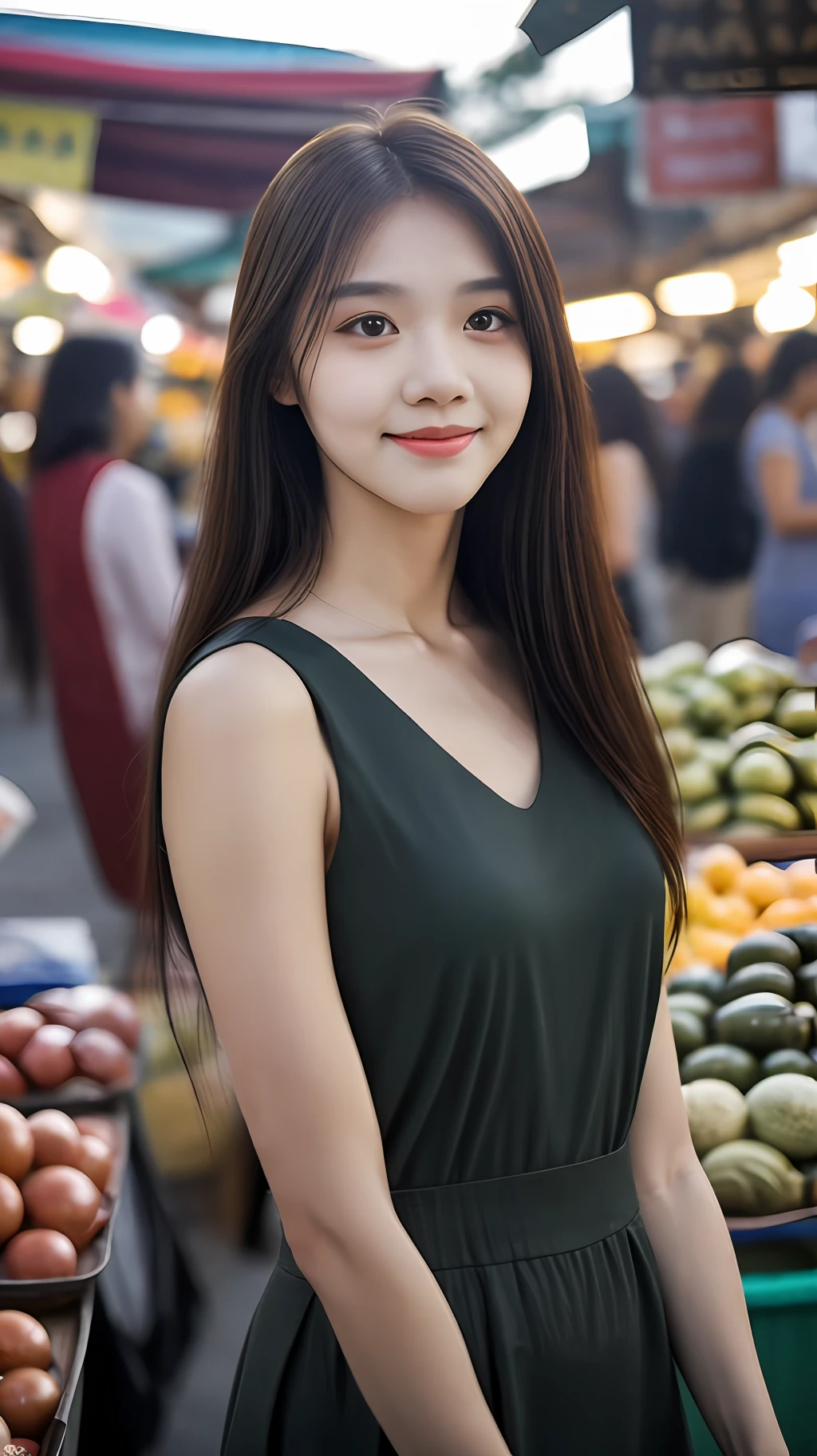 A pretty girl in a crowded Bangkok market, market vendors, upper body, detailed clothes, green eyes, long flowing hair, shiny skin, subsurface scattering, (sharp:0. 7), ultra-detailed, real-life texture, dramatic lighting, dynamic composition, unreal engine, Nikon D850
