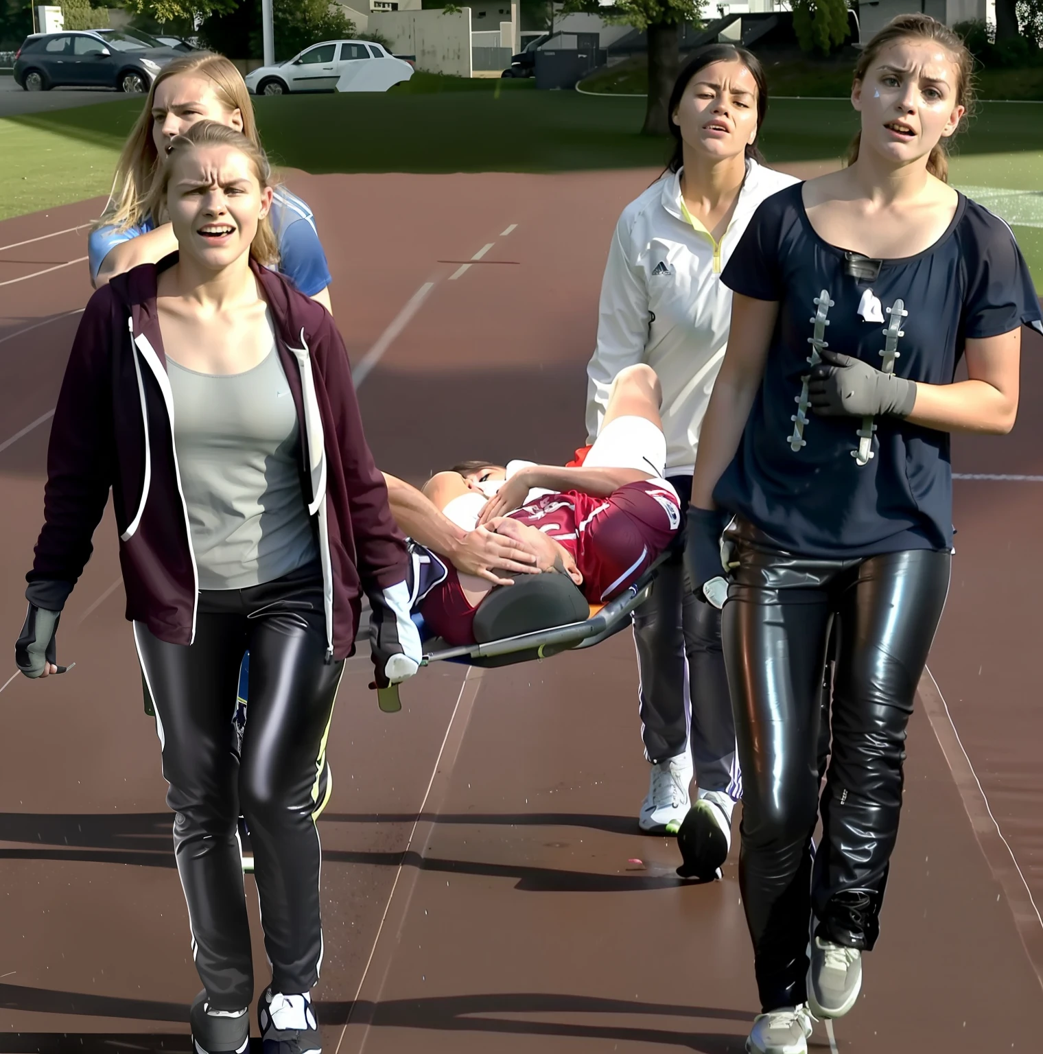 a soccer scene in a chinese sports stadium, rainy weather, wet ground, rainfall, injury scene in a sports stadium, stretcher carry, there are two young schoolgirls in shiny leather-trousers carrying a stretcher, there are two longhaired schoolgirls in high-shine latex-leggings who are carrying a stretcher in a rainy sports stadium, there is a wounded male soccer player in a short sports outfit lying on the stretcher, an injured male soccer player is lying on his back on a stretcher and is grabbing his hurting leg with his hands, a soccer player is rearing up in intense pain while lying on his back on a stretcher and grabbing his injured leg with his hands, dramatic scene, theatralic posing scene, dramatic pity scene, injury soccer, first aid, help, pity, there are two very angry looking schoolgirls in shiny latex-trousers who are looking very sad and very terrified and very shocked, the injured soccer player is screaming out in pain while he is carried from the pitch on a stretcher through the rain