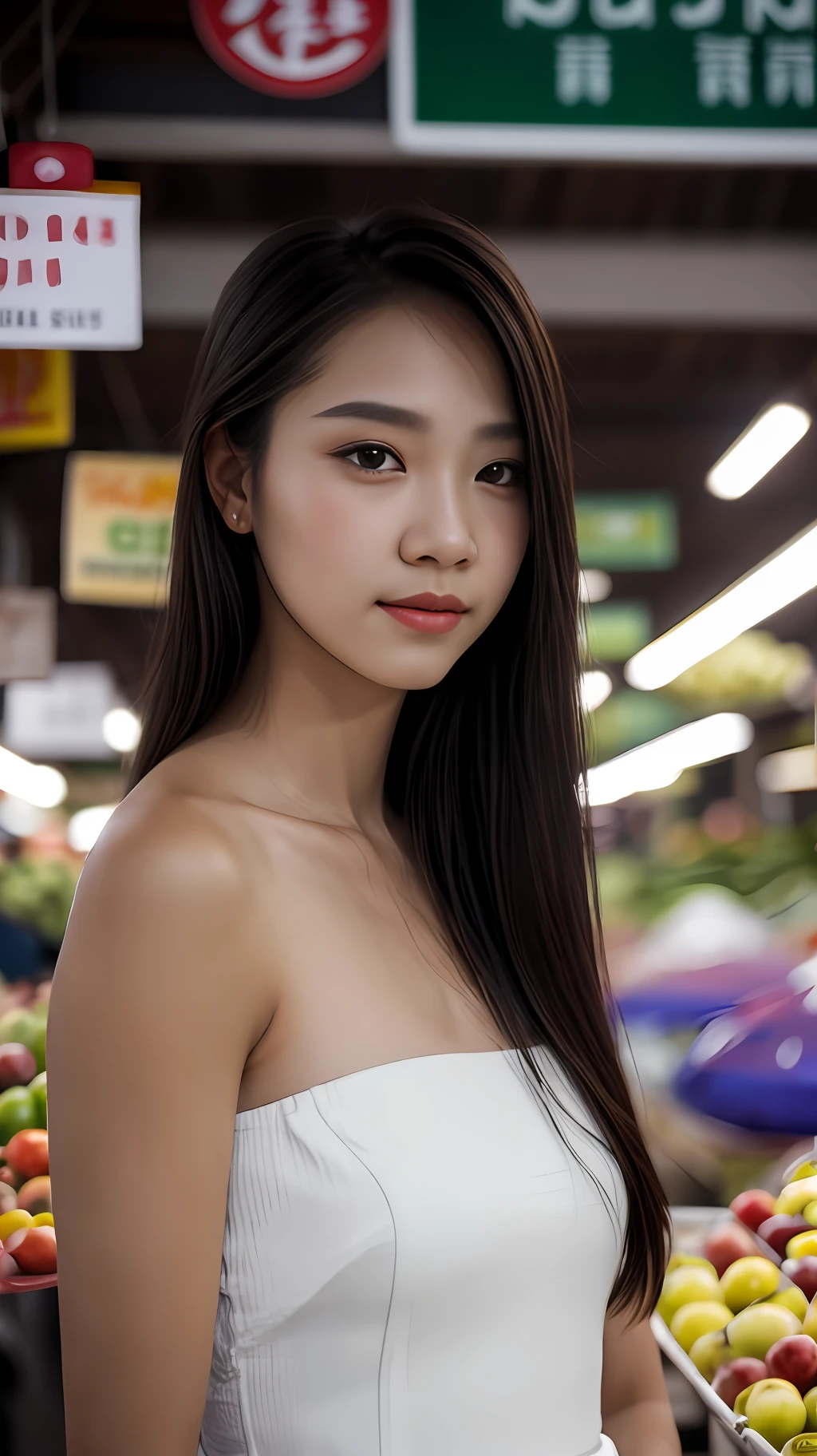 A pretty girl in a crowded Bangkok market, market vendors, upper body, detailed clothes, green eyes, long flowing hair, shiny skin, subsurface scattering, (sharp:0. 7), ultra-detailed, real-life texture, dramatic lighting, dynamic composition, unreal engine, Nikon D850