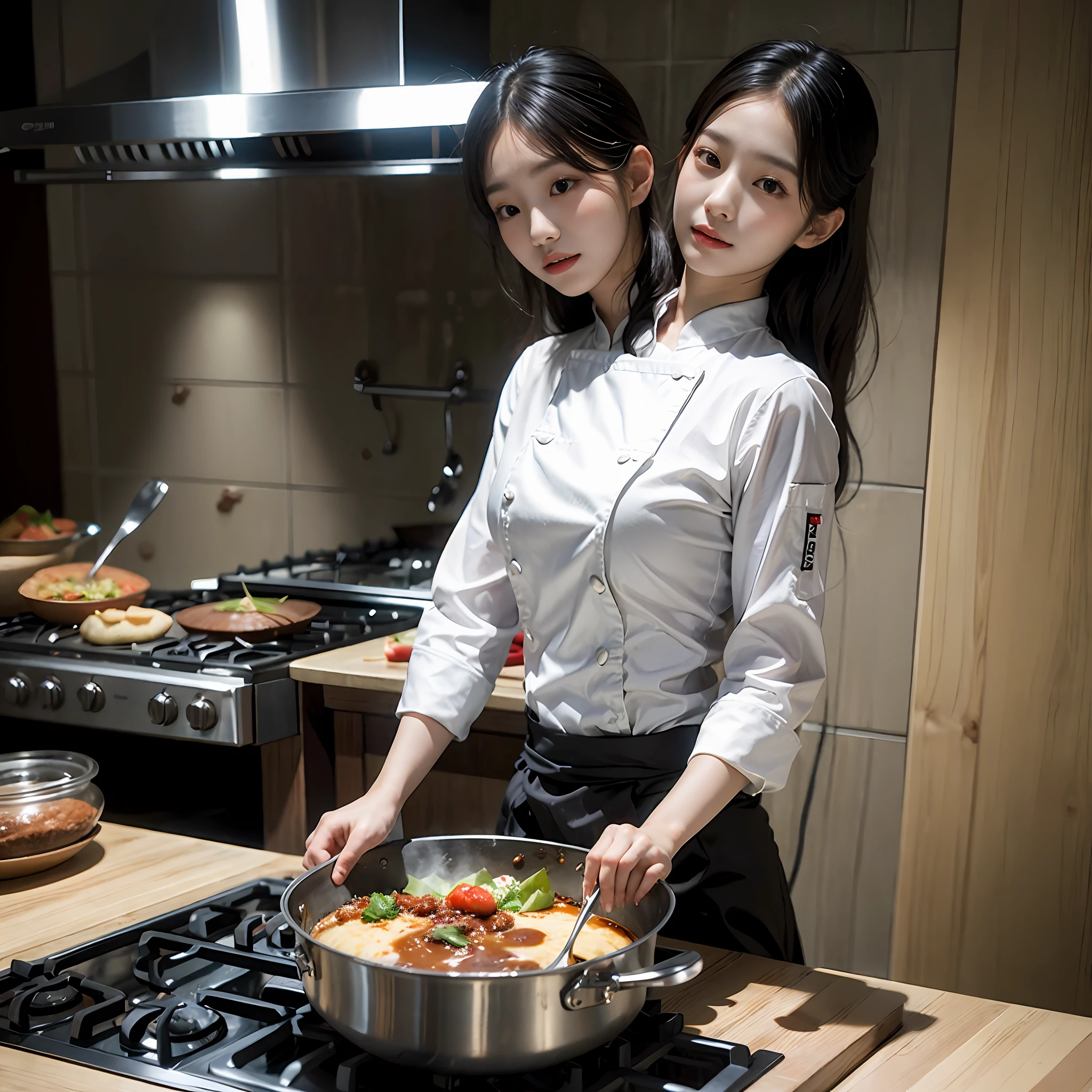 "best quality, korean girl with two heads chef uniform, cooking, half-body shot, kitchen background."