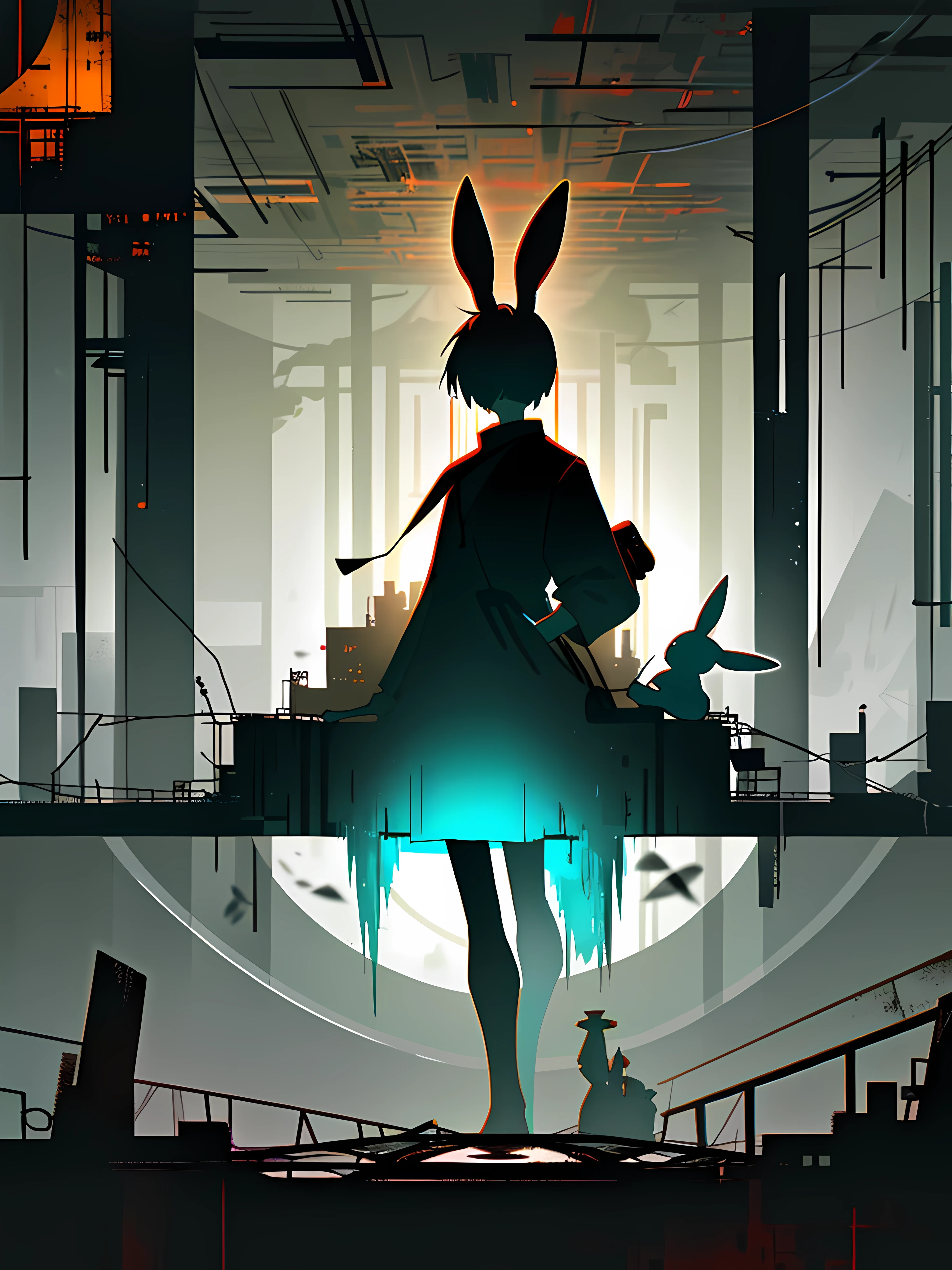 (blame! style abandoned tech landscape), (Zen, Amy Sol style), (underground, dark, foggy, perilous, abandoned dystopian apartment bedroom, deep windows), (abstract anthro rabbit figure wearing bunny ears), cover art with light abstraction, abstract, simple vector art, contemporary Cybernetic art, color gradients, soft color palettes, layered forms, whimsical animation, style Ethereal abstract, 4K, --v6