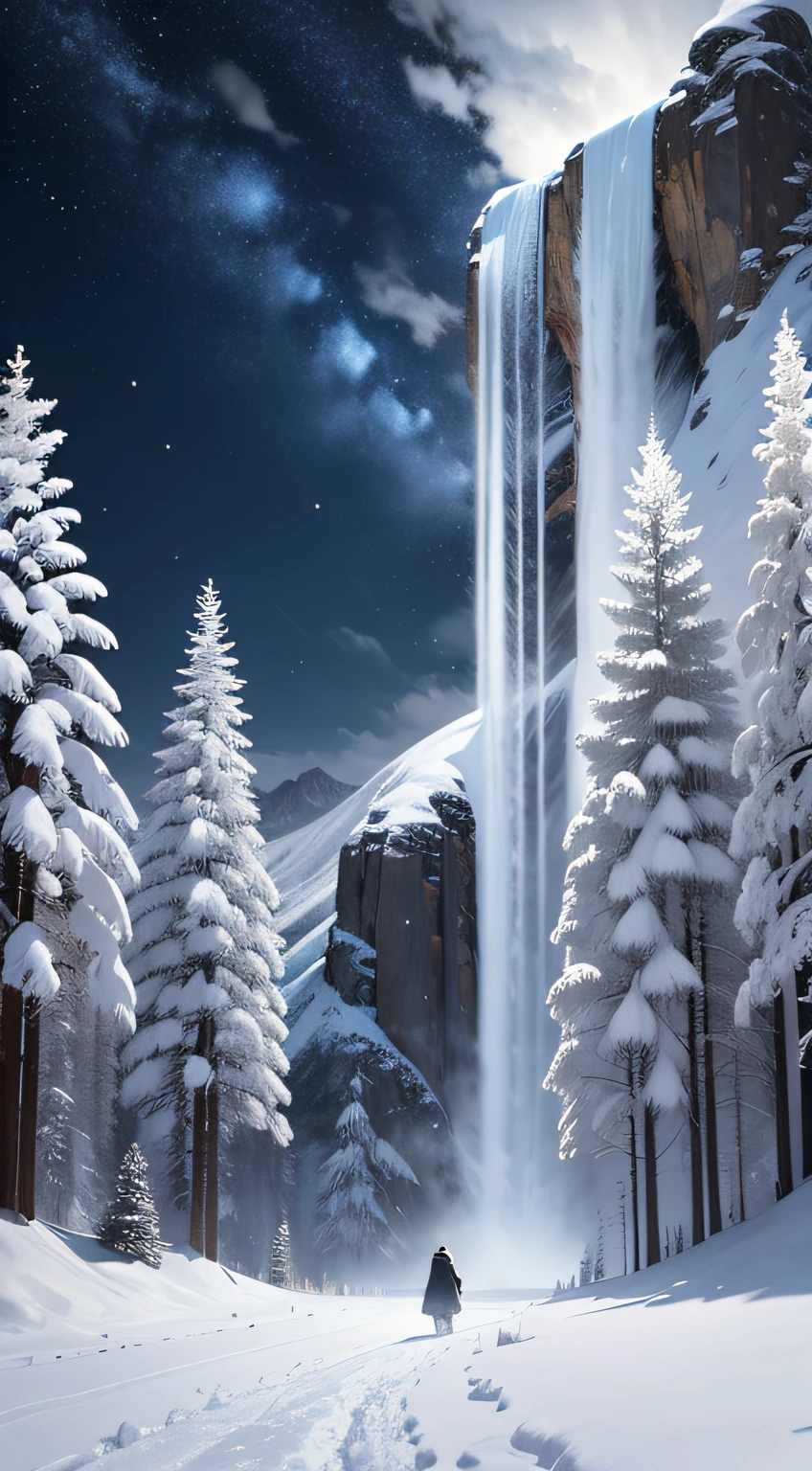 The background is heavy snowfall，White snowflakes dance in the air like silver butterflies，Cover the sky，Heaven and earth are in the middle of nowhere。The cold wind howled，The earth turned into a silent white picture，Inside, there is an ancient man looking up at the starry sky，Long hair like a waterfall --auto