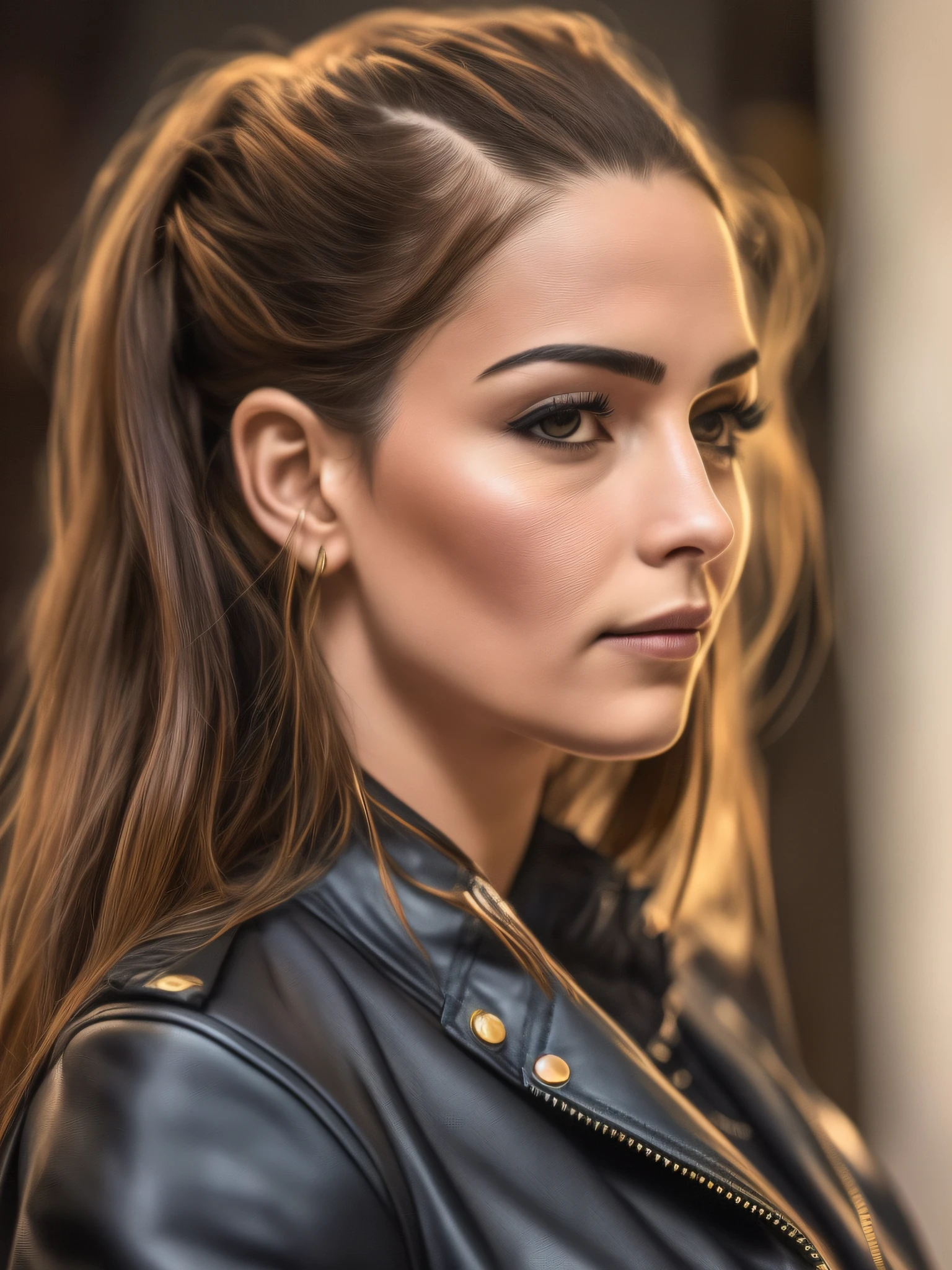 Self-portrait of side-profile face of a prosecutor wearing leather jacket, (fotorrealista:1.4), pele intrincada, rosto altamente detalhado, (Foto RAW, 8k UHD, qualidade superior, melhor qualidade, altamente detalhado: 1.2), office scenario, inspired by a British film actress.