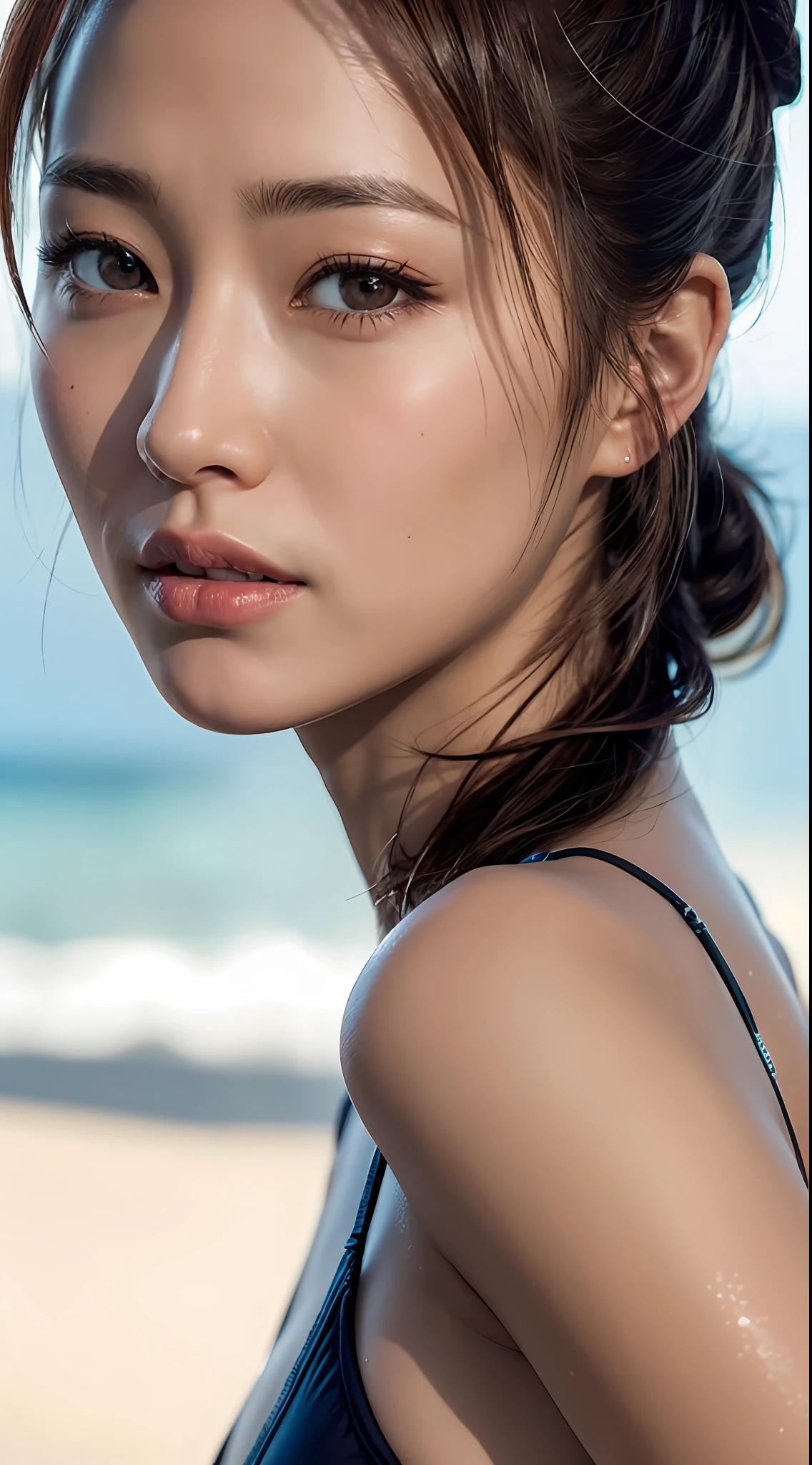 doress、(Photorealsitic:1.4)、(hyper realisitic:1.4)、(realisitic:1.3)、(Smooth lighting:1.05)、(Improved lighting quality in movies:0.9)、32K、1girl in、20 years girl、Realistic lighting、Back lighting、Facial light、raytrace、(brightened light:1.2)、(enhanced quality:1.4)、(Top quality real texture skins:1.4)、finely eye、finerly detailed face、Fine quality eye、(Tired, sleepy and satisfied:0.0)、 close up of face、tshirts、(enhance body line mood:1.1)、(Increase the beauty of skin texture:1.1)、((Aya Ueto))、the beach、swim wears、