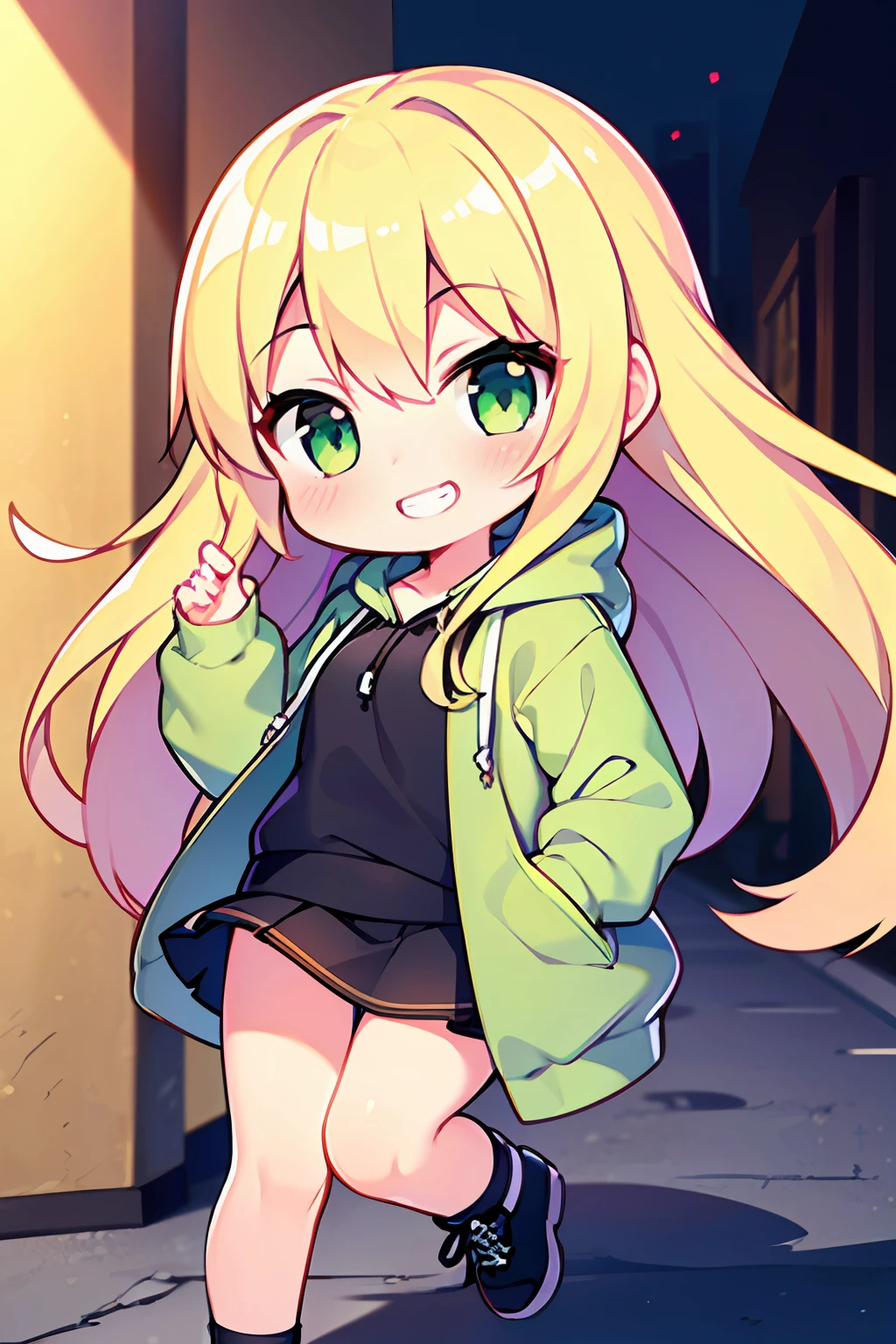 1 girl in、Blonde long hair、Green eyes、Green hoodie、hands in the pocket、Grinning smile、Transcendent Beautiful Girl、a black skirt、Back alley background、Chibi、Chibi Chara、(High resolution of the highest quality)、((Masterpiece Highest Quality:1.2)), [[bad face]], [[Fused fingers]], [[multiple limbs]]