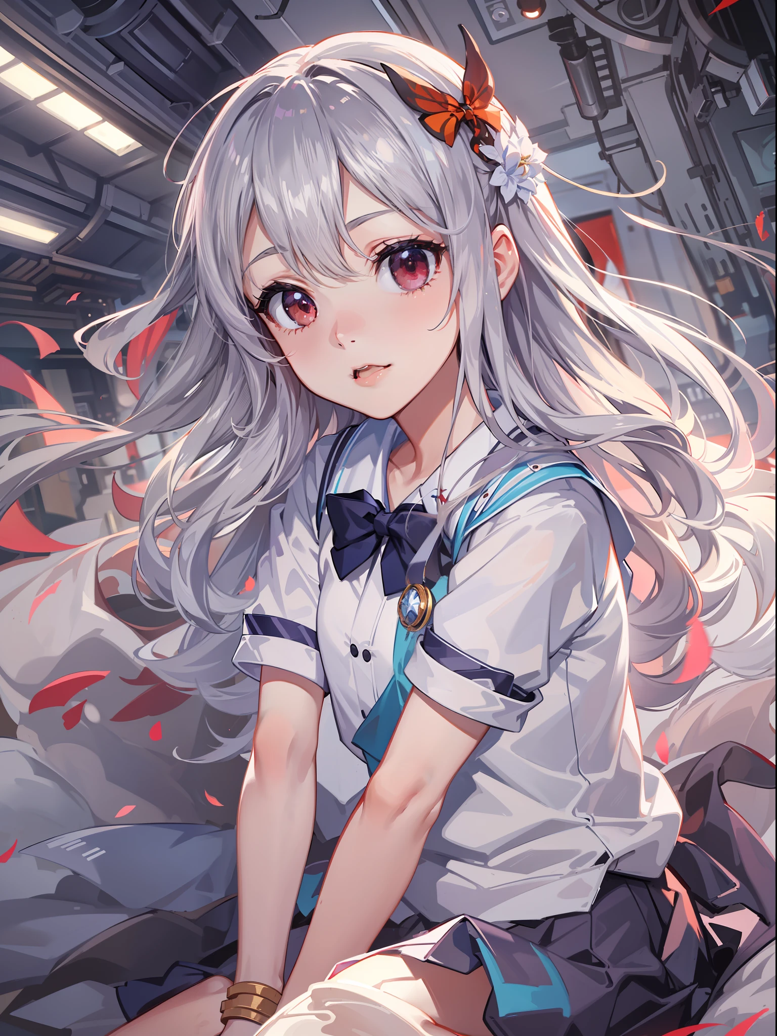 (CG Unity 8K wallpaper with the best picture quality and ultra-detail、tmasterpiece),Floating、A high resolution、dynamic angle、Dynamic pose、A young girl、Silvery hair(1.3)、red color eyes、Morbidly cute、Japanese Student Uniform