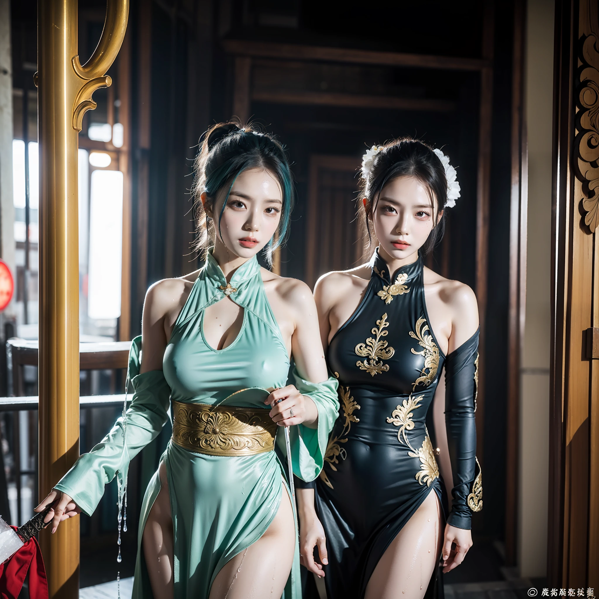 bluer hair:1.2,Short hair,femele,Ancient Chinese street scene,Rainy days,Blue cheongsam tight one-piece slit,Broad bare breasts,The skirts parted,Satin,Full-body image,Wet dripping,Holding a green dragon sword in his hand,The sword body is bubbling with cold light,Facial moisture,Expose the collarbone